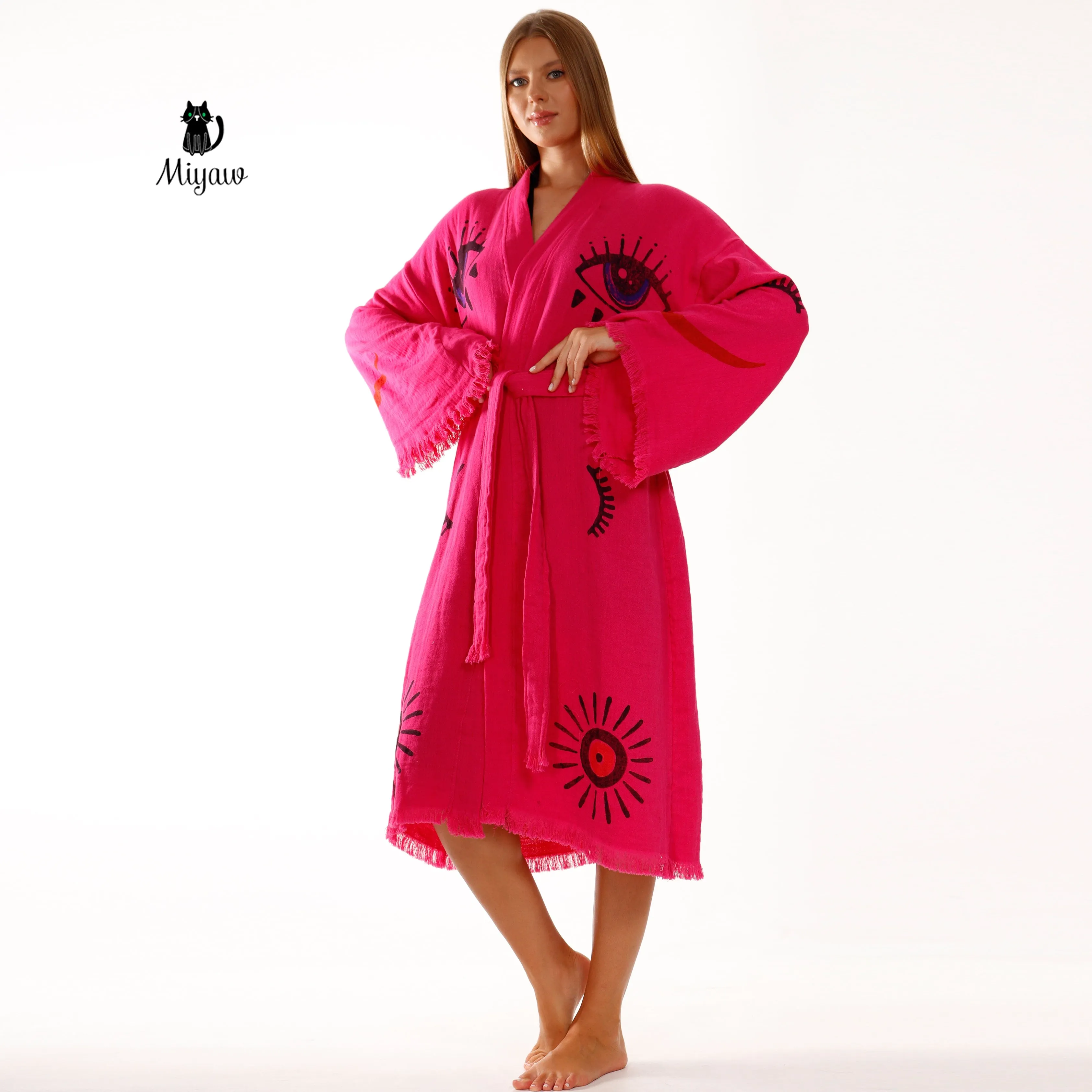 Handmade Fuchsia Long Sleeve Women's Robe for Home & Beach Comfort sold by Miyaw Fashion product image thumbnail 5
