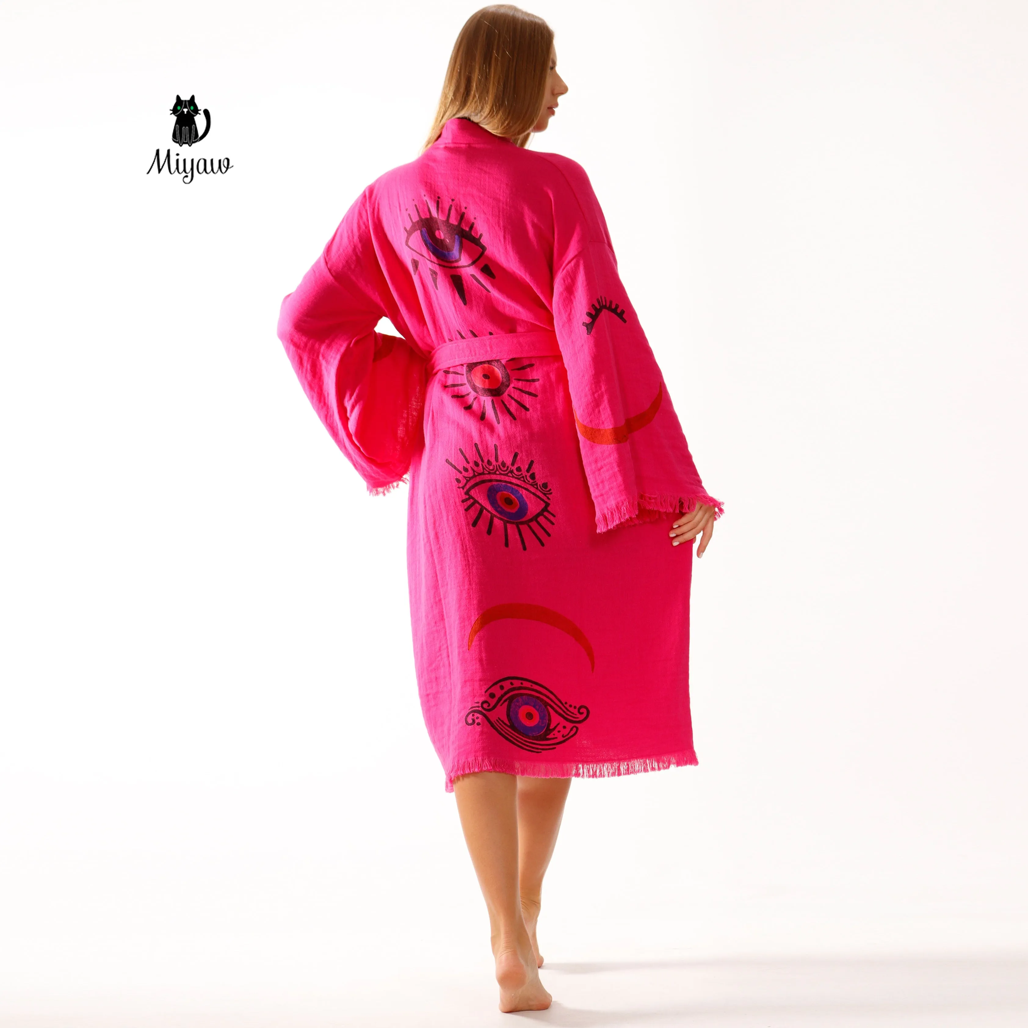 Handmade Fuchsia Long Sleeve Women's Robe for Home & Beach Comfort sold by Miyaw Fashion product image thumbnail 2