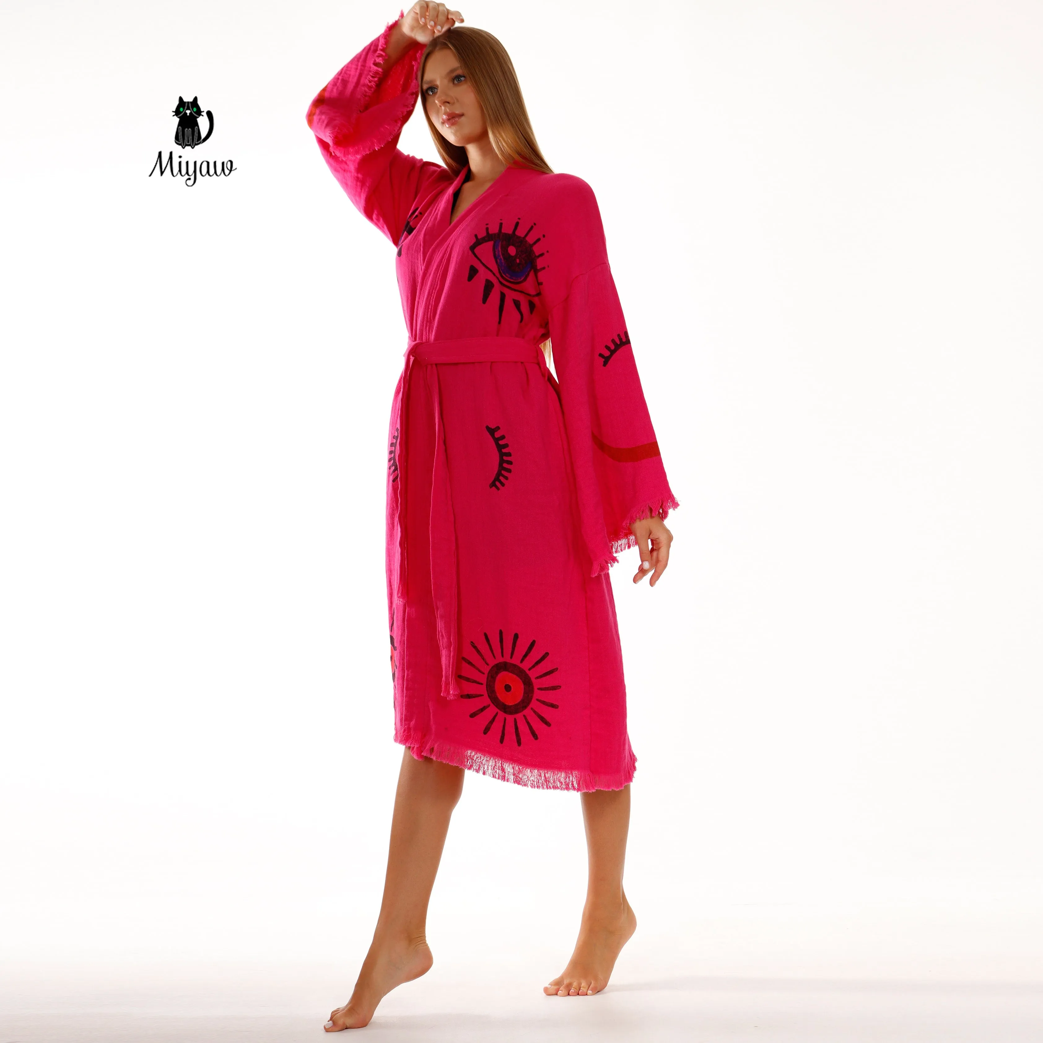 Handmade Fuchsia Long Sleeve Women's Robe for Home & Beach Comfort sold by Miyaw Fashion product image thumbnail 3