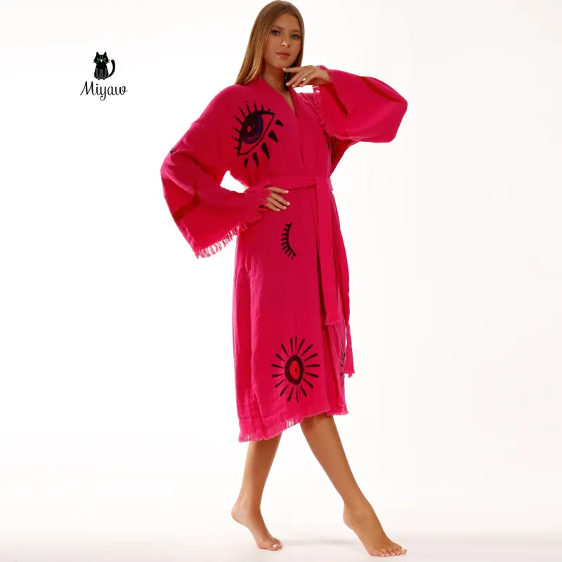Handmade Fuchsia Long Sleeve Women's Robe for Home & Beach Comfort sold by Miyaw Fashion