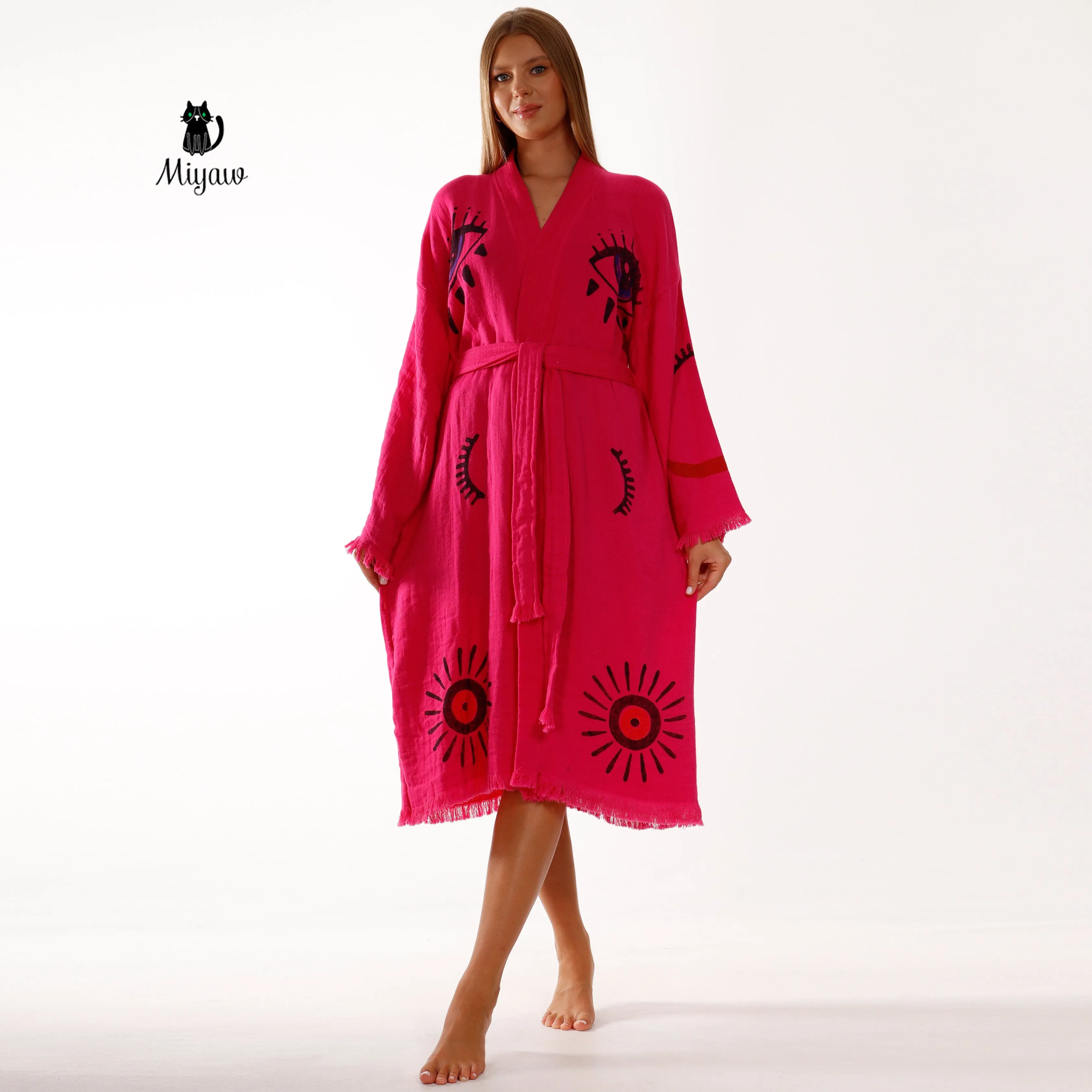 Handmade Fuchsia Long Sleeve Women's Robe for Home & Beach Comfort sold by Miyaw Fashion product image thumbnail 4