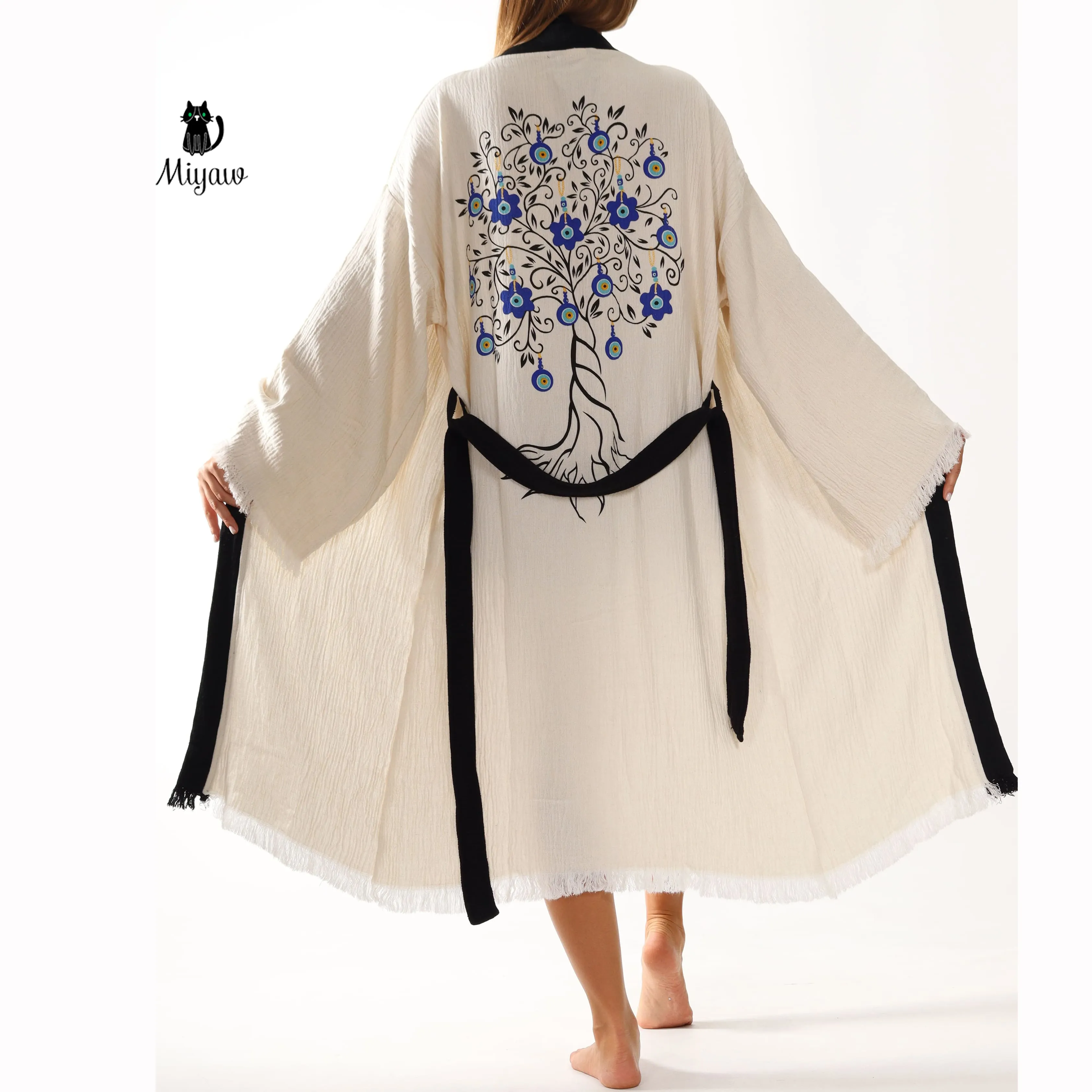 White Cotton Kimono Bathrobe with Boho Tree Print sold by Miyaw Fashion product image thumbnail 2
