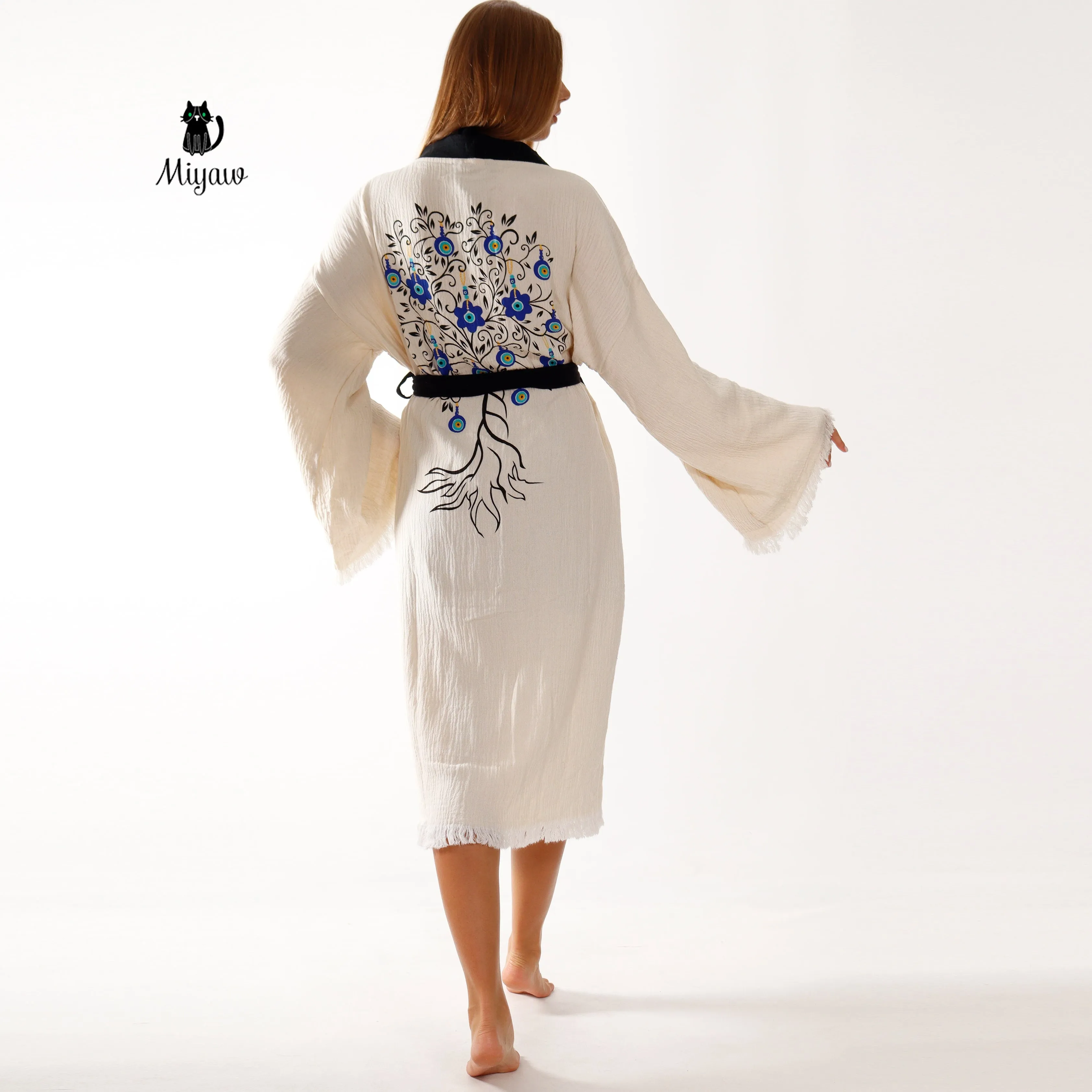 White Cotton Kimono Bathrobe with Boho Tree Print sold by Miyaw Fashion