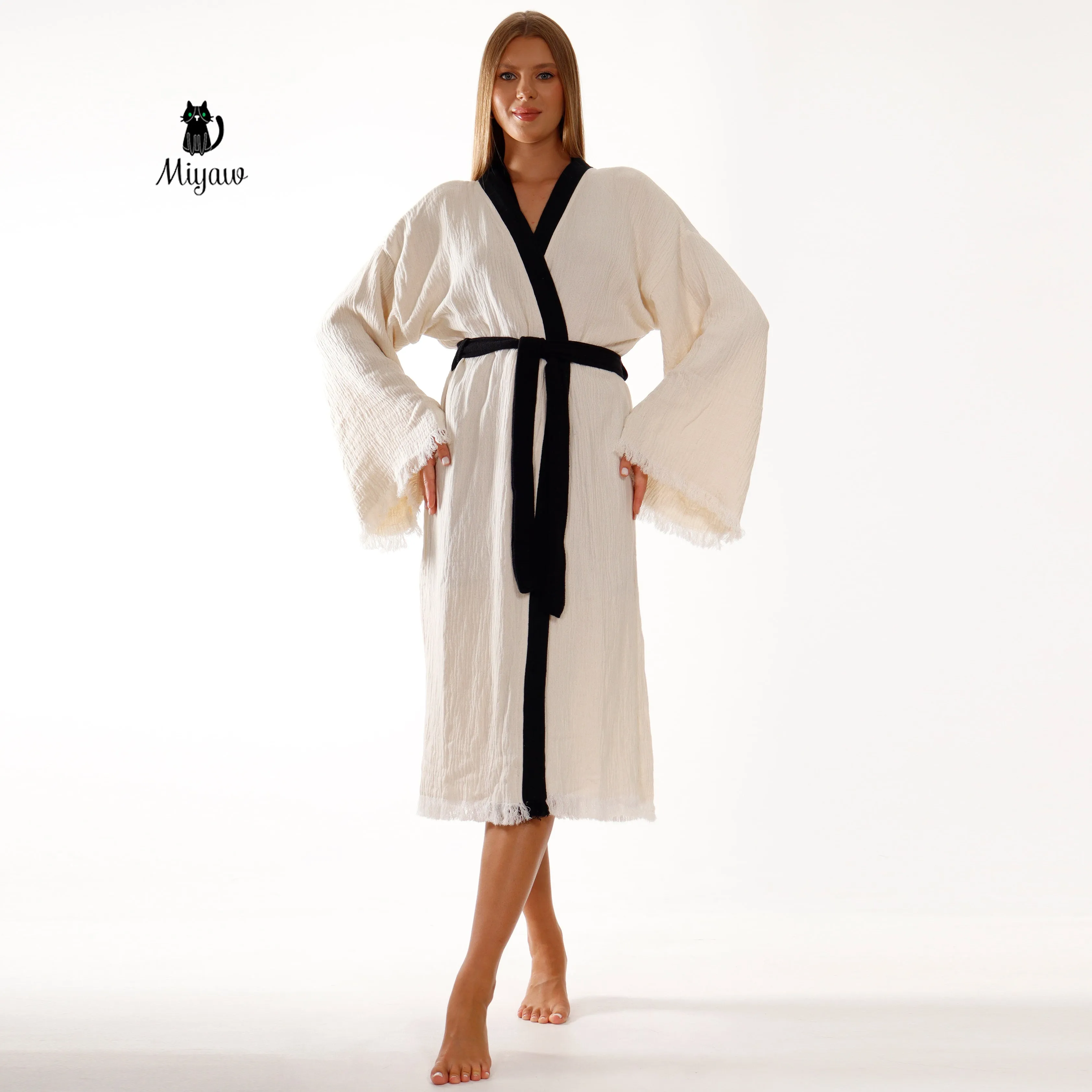 White Cotton Kimono Bathrobe with Boho Tree Print sold by Miyaw Fashion product image thumbnail 3