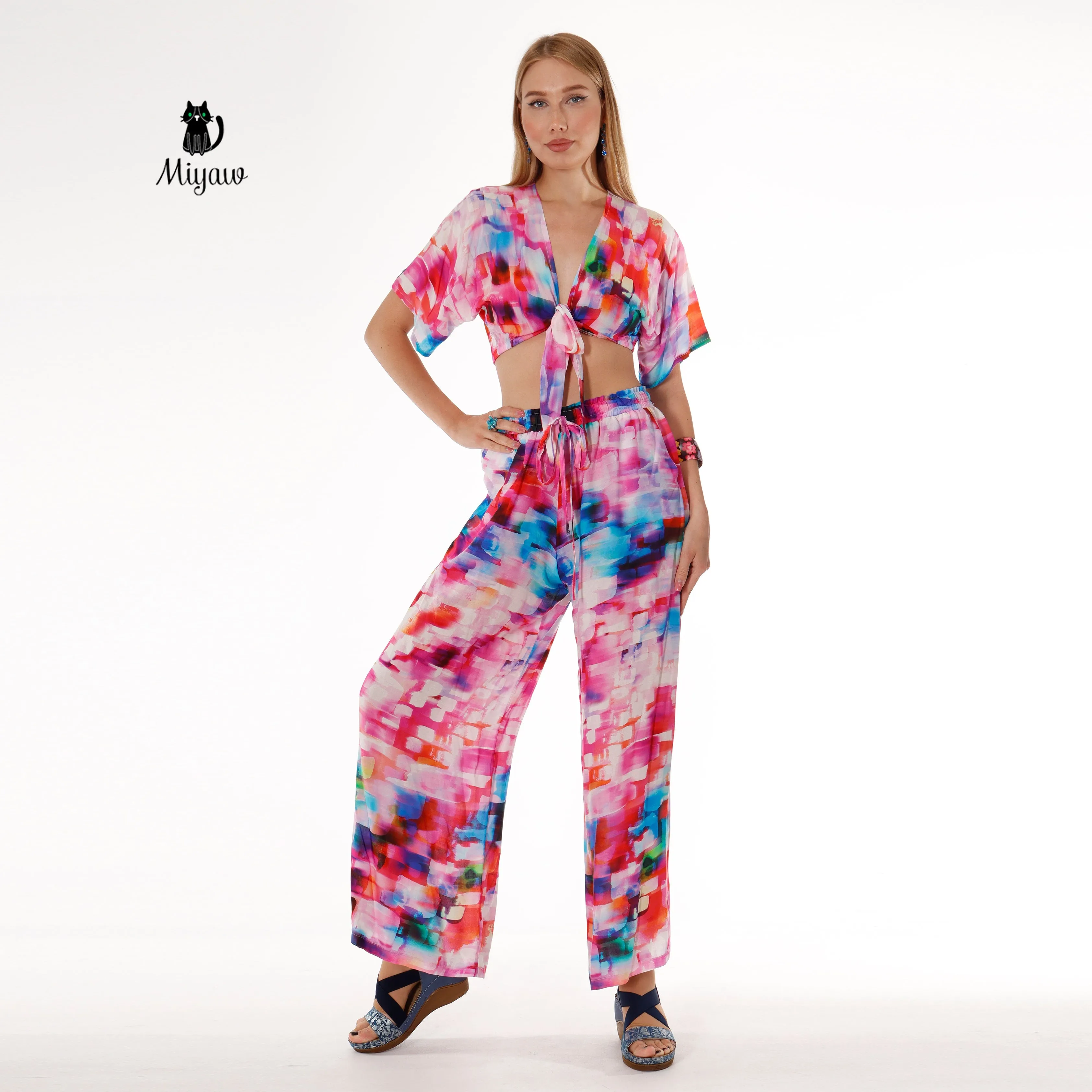 Pink Resort Style Set - Boho Crop Top and Wide Leg Pants sold by Miyaw Fashion product image thumbnail 3