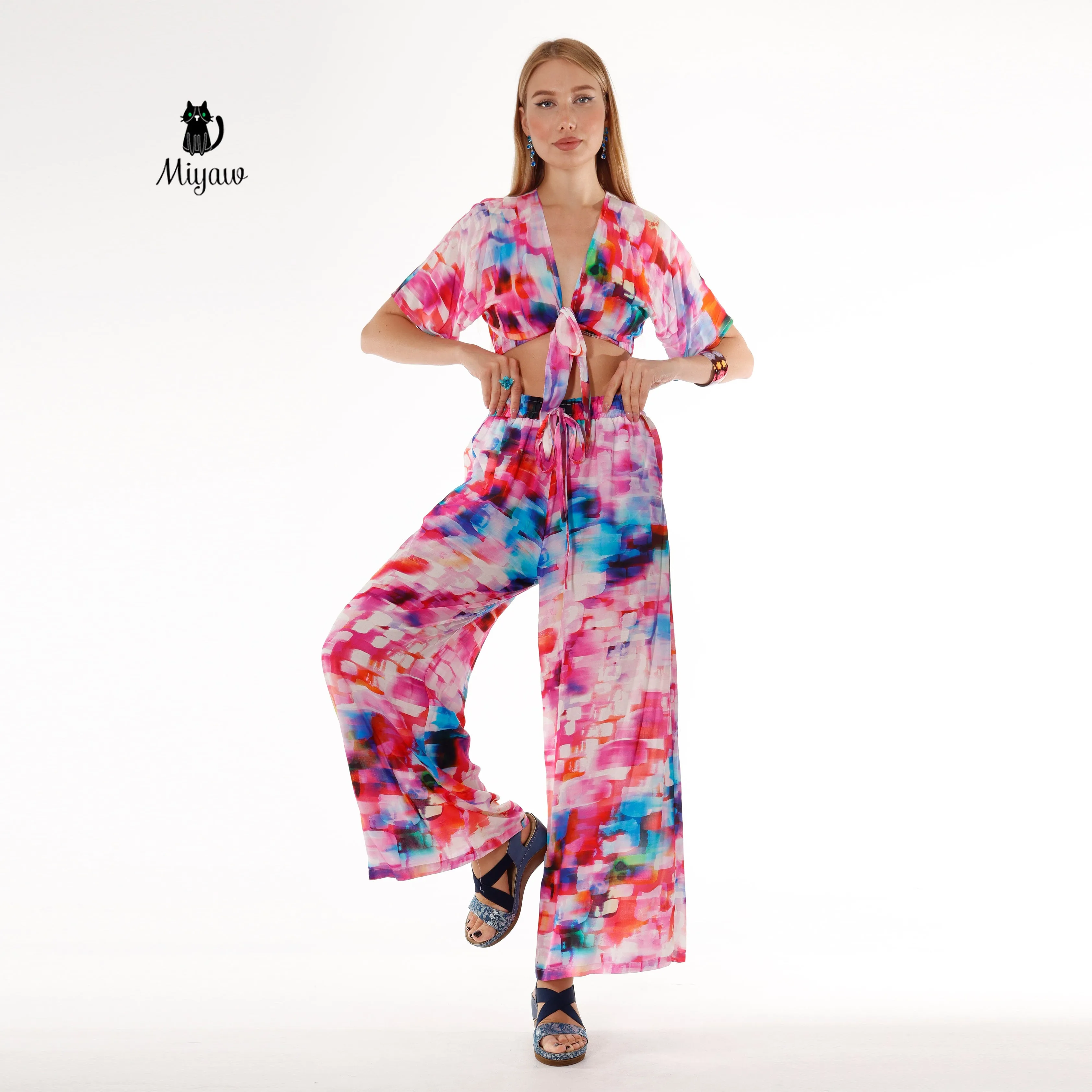 Pink Resort Style Set - Boho Crop Top and Wide Leg Pants sold by Miyaw Fashion