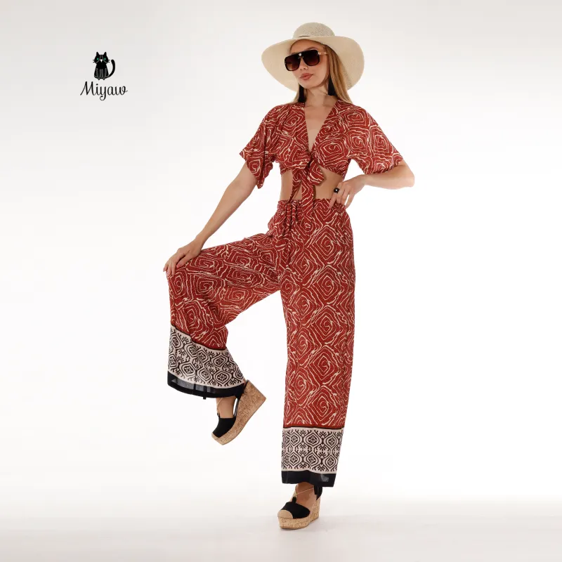 Resort Ready Boho Crop Top and Wide Leg Pant Set - Boho Chic sold by Miyaw Fashion