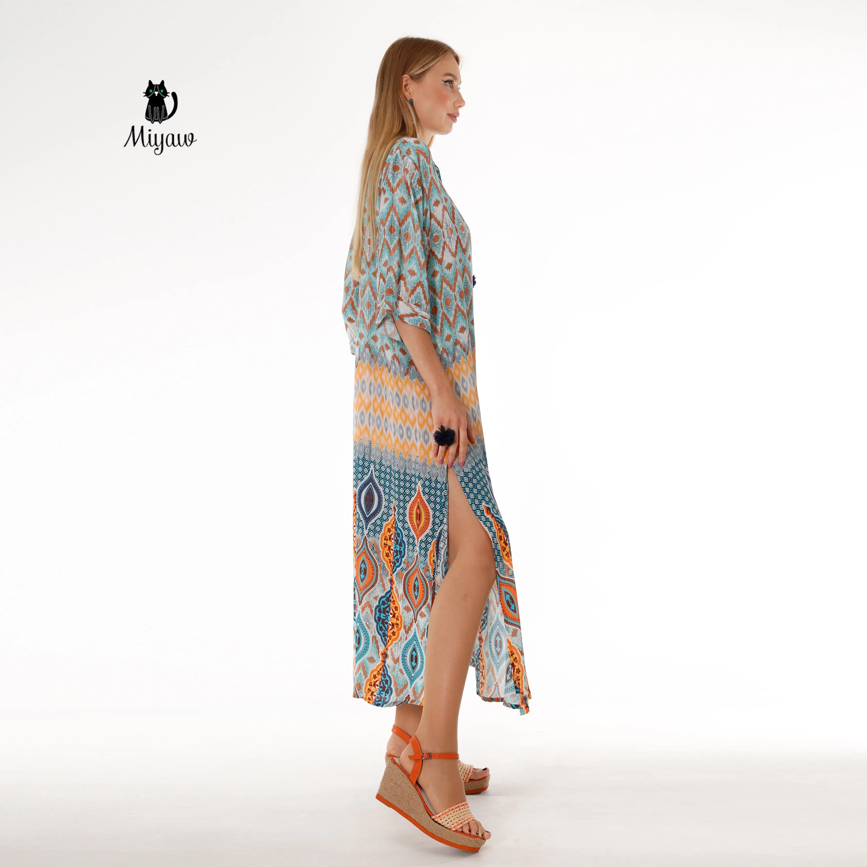 Women's Boho Blue Maxi Dress with Flowy Batwing Sleeves - Long Bohemian Dress sold by Miyaw Fashion product image thumbnail 4