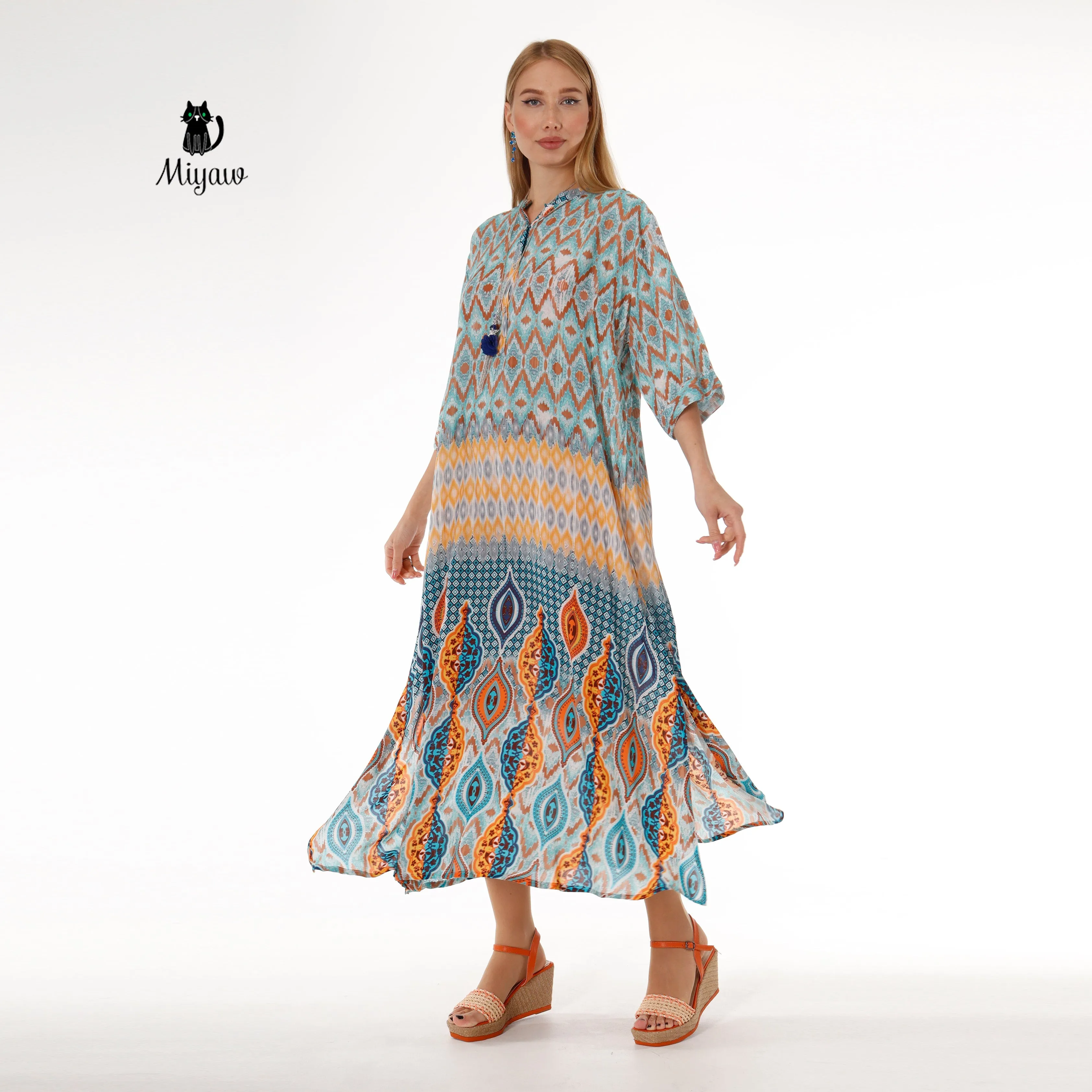 Women's Boho Blue Maxi Dress with Flowy Batwing Sleeves - Long Bohemian Dress sold by Miyaw Fashion product image thumbnail 2