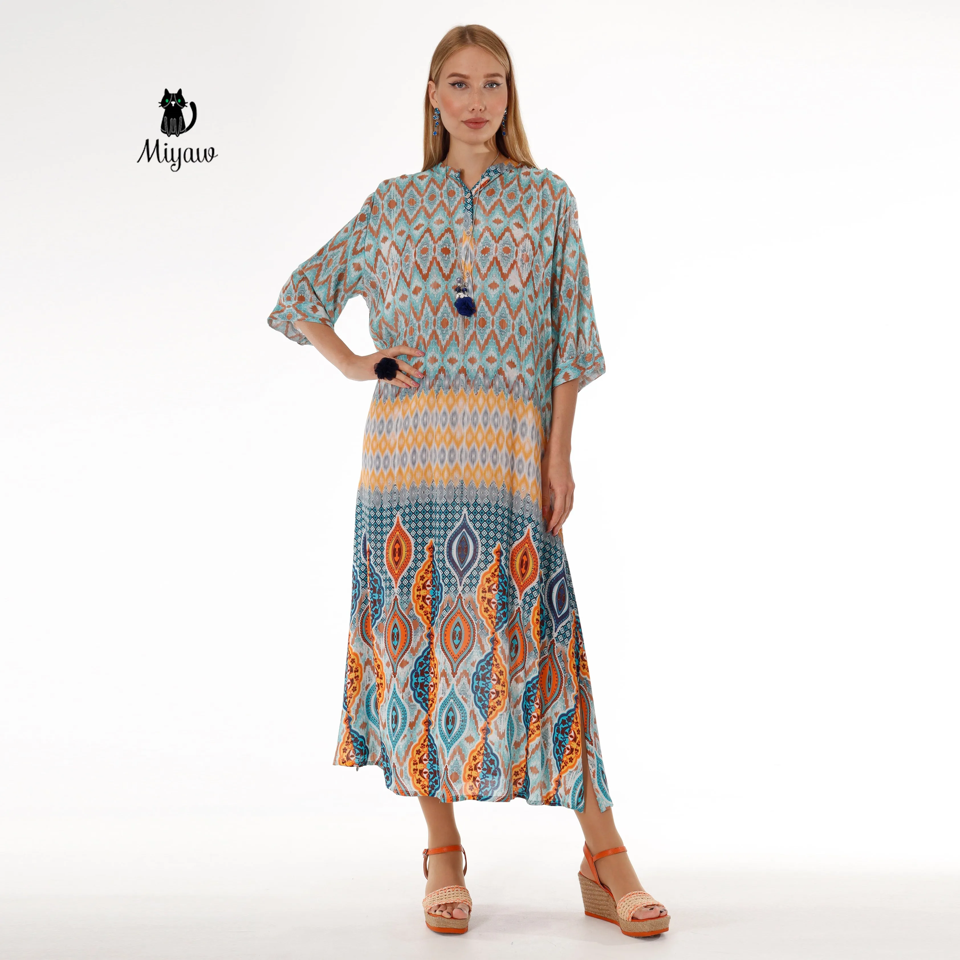 Women's Boho Blue Maxi Dress with Flowy Batwing Sleeves - Long Bohemian Dress sold by Miyaw Fashion product image thumbnail 5