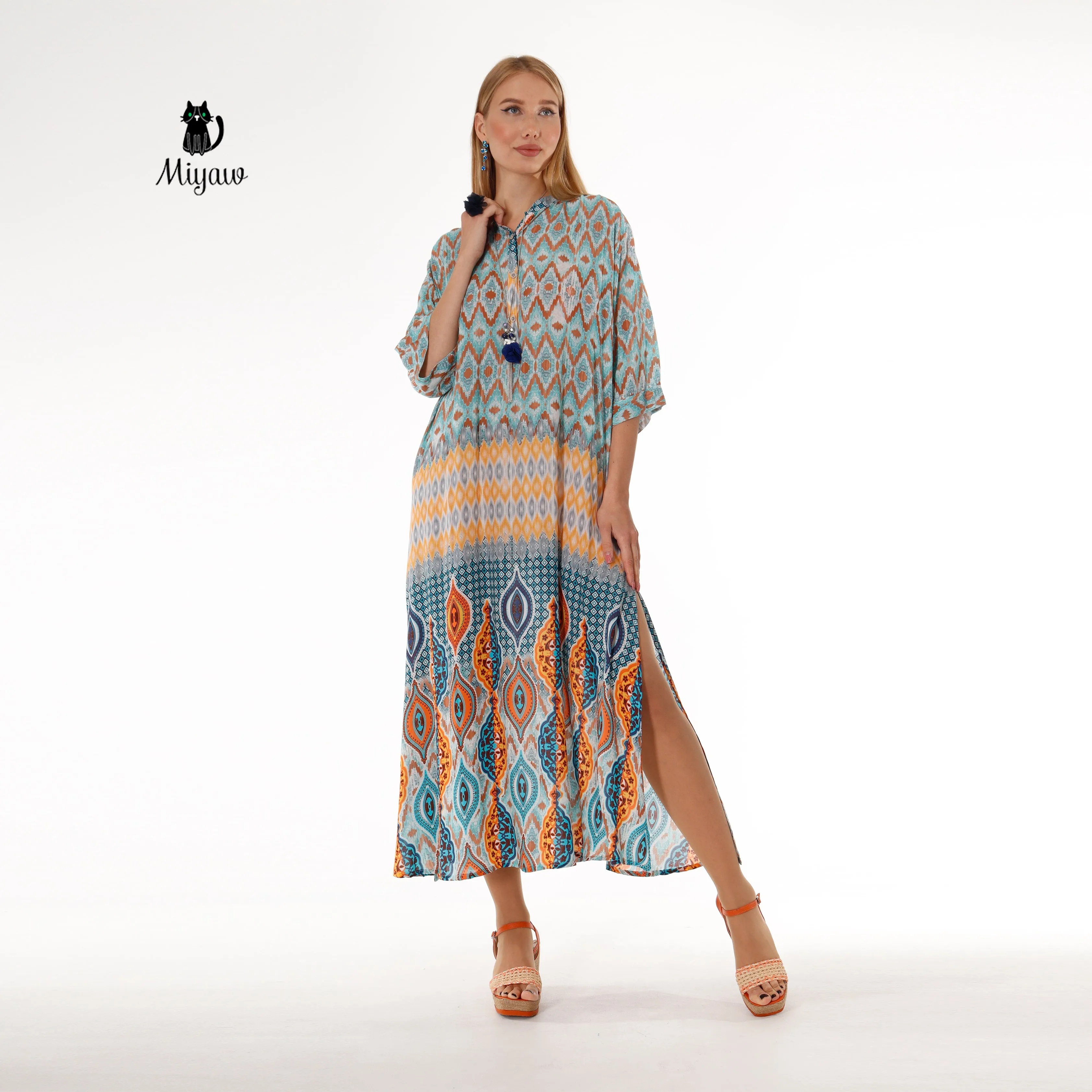 Women's Boho Blue Maxi Dress with Flowy Batwing Sleeves - Long Bohemian Dress sold by Miyaw Fashion product image thumbnail 3