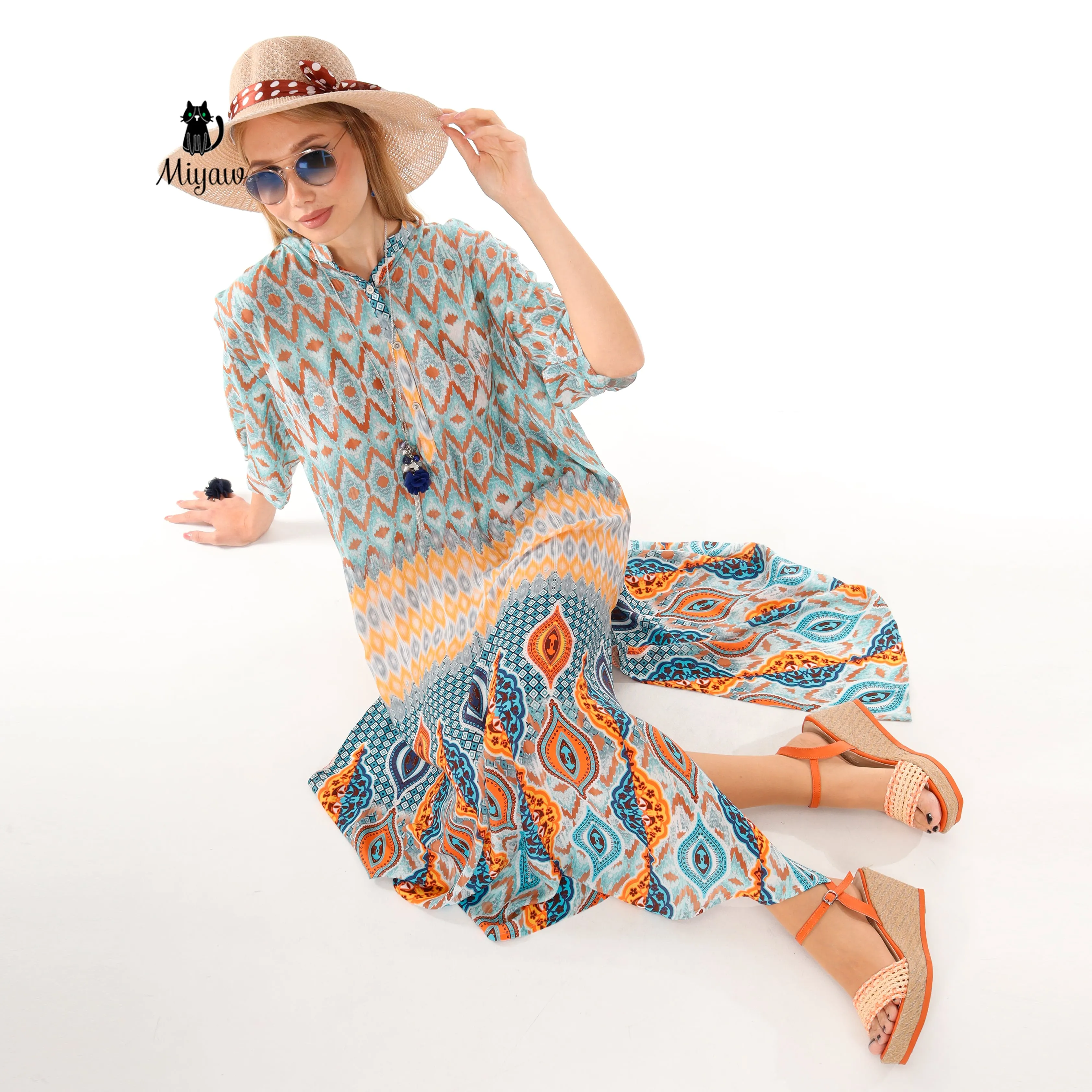 Women's Boho Blue Maxi Dress with Flowy Batwing Sleeves - Long Bohemian Dress sold by Miyaw Fashion