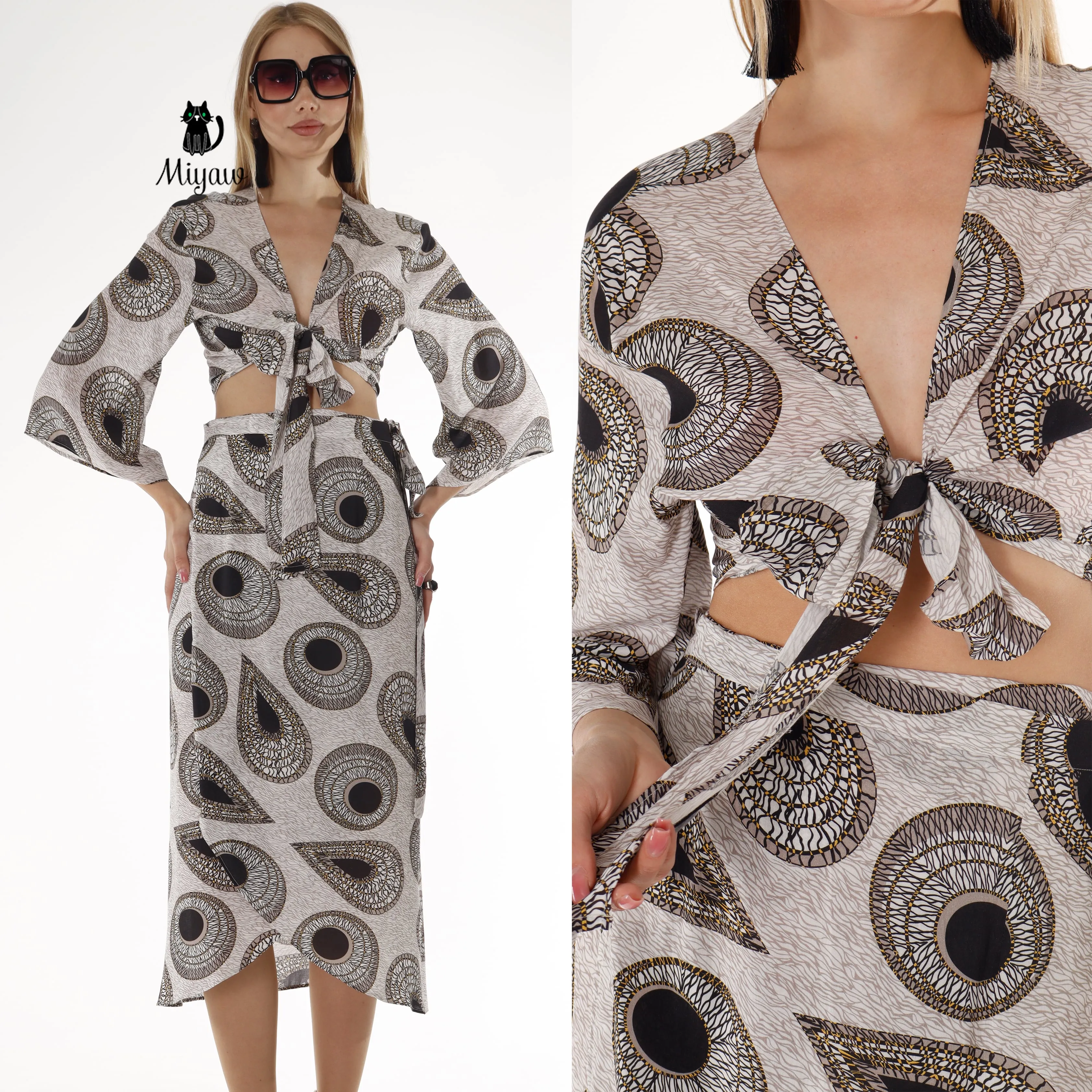 Chic Resort Wear: Black and Gray Crop Top and Skirt Set sold by Miyaw Fashion