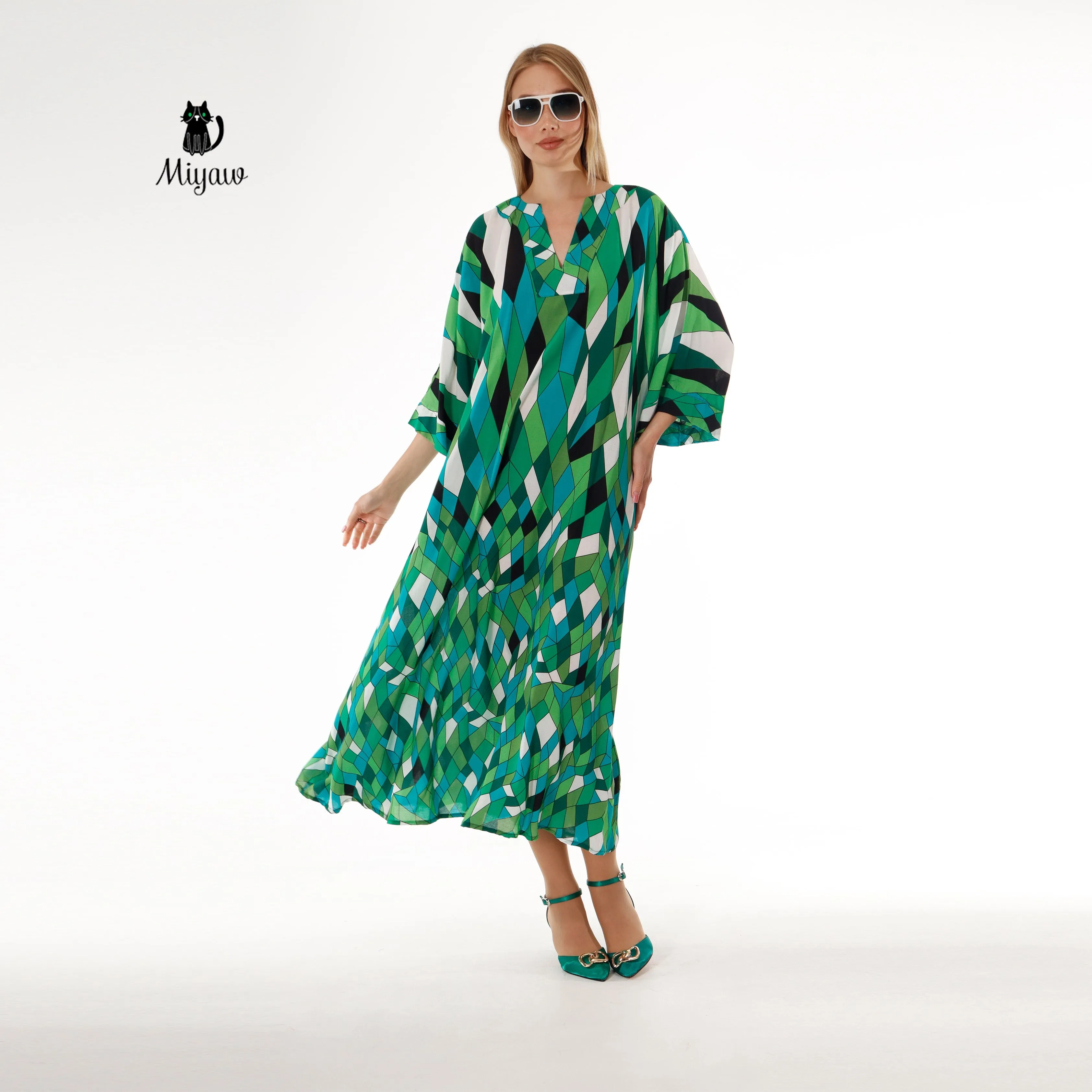 Elegant Green V-Neck Maxi Dress for Modest Women sold by Miyaw Fashion