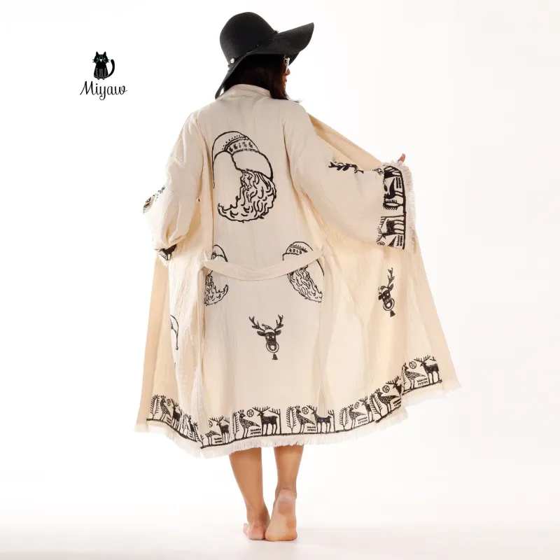 Handmade Santa Claus Print Beach Kimono Robe - Boho Christmas Tree Stamp - Unique Gift Idea sold by Miyaw Fashion