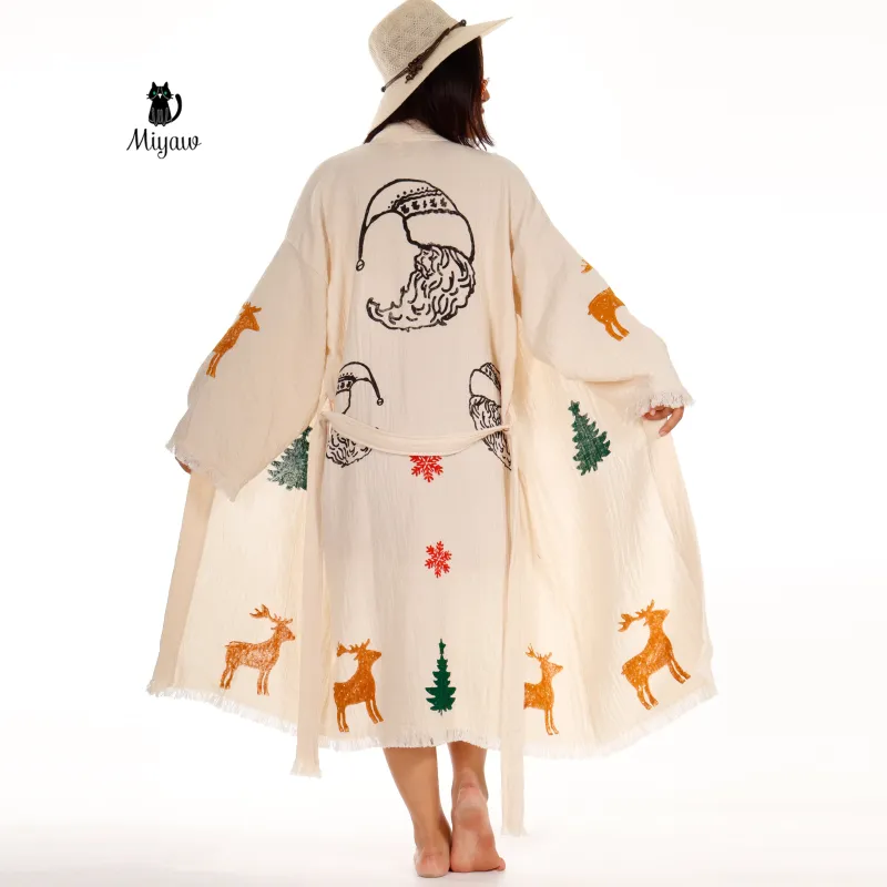 Festive Beach Kimono Robe - Santa Clause Handmade Print - Boho Chic Bathrobe for Holidays sold by Miyaw Fashion