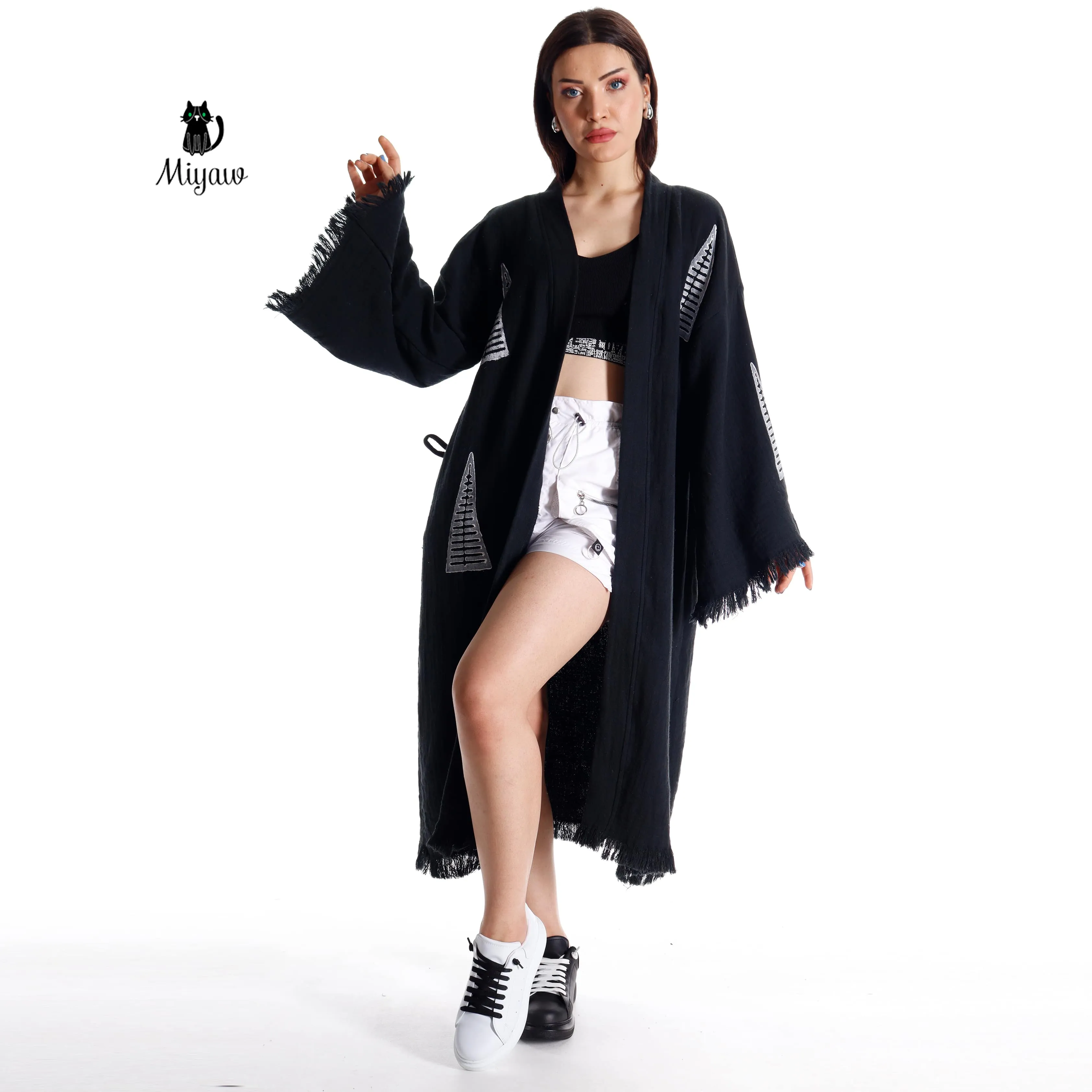 Boho Chic Black White Pyramid Stamped Cotton Kimono Robe sold by Miyaw Fashion product image thumbnail 5