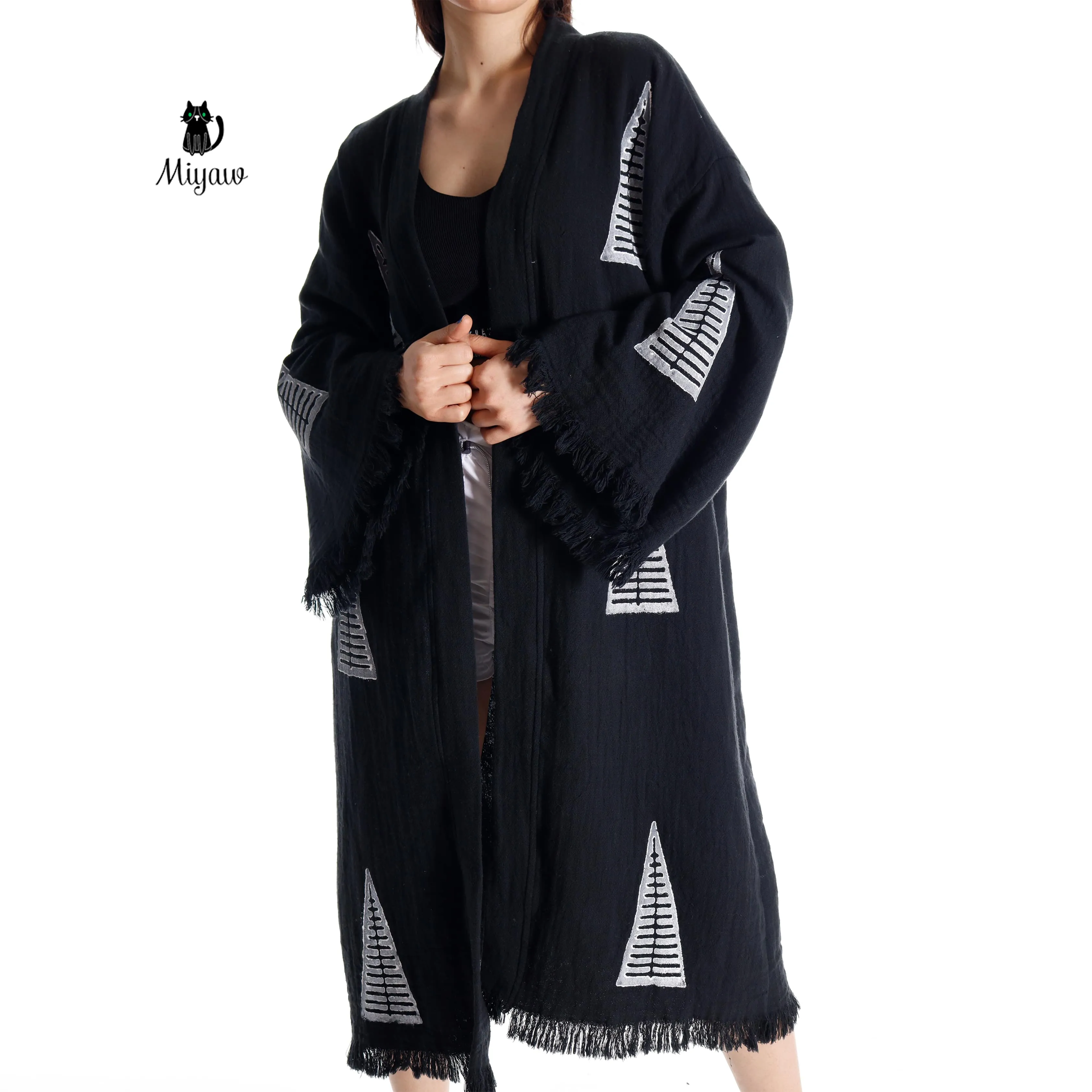 Boho Chic Black White Pyramid Stamped Cotton Kimono Robe sold by Miyaw Fashion product image thumbnail 2