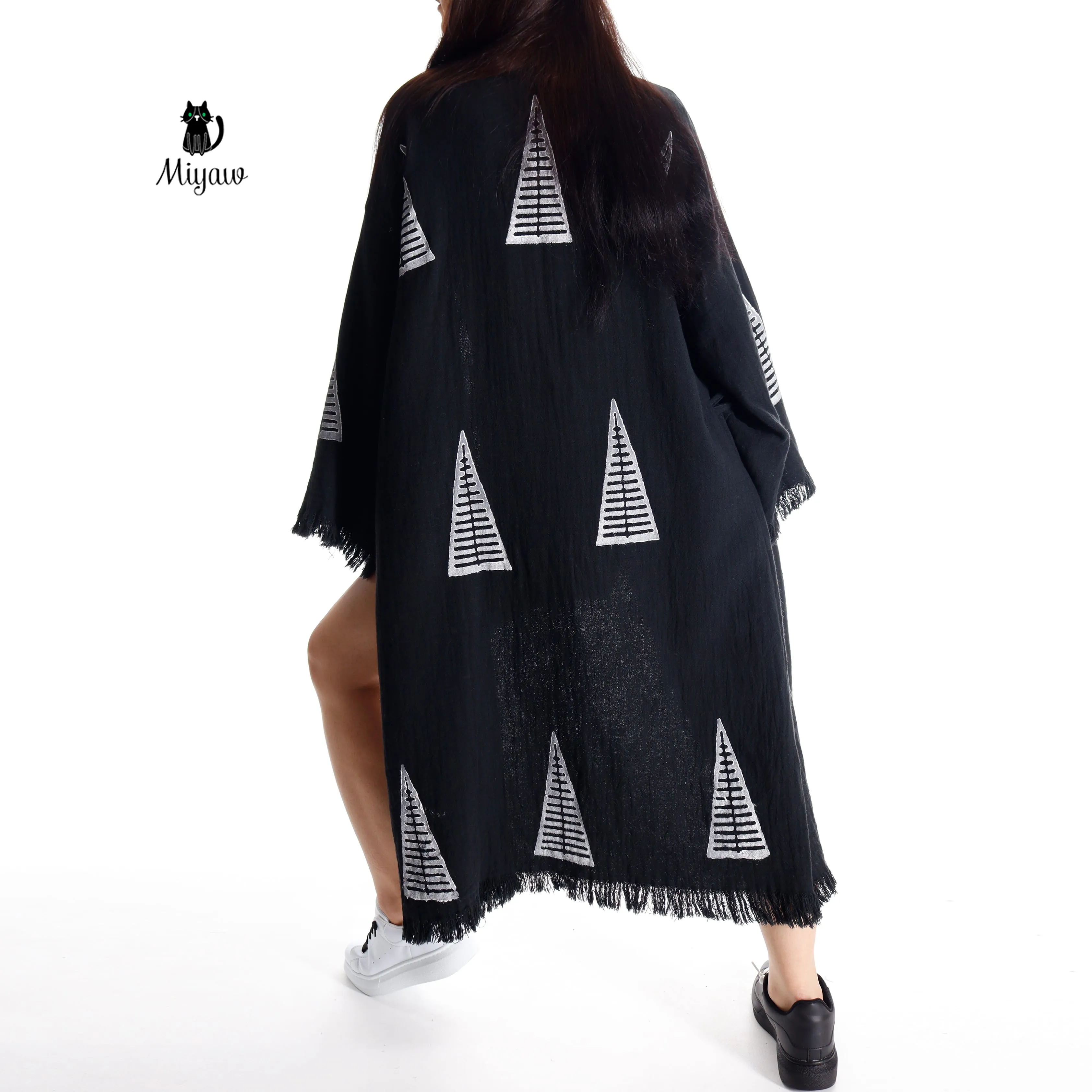 Boho Chic Black White Pyramid Stamped Cotton Kimono Robe sold by Miyaw Fashion product image thumbnail 3