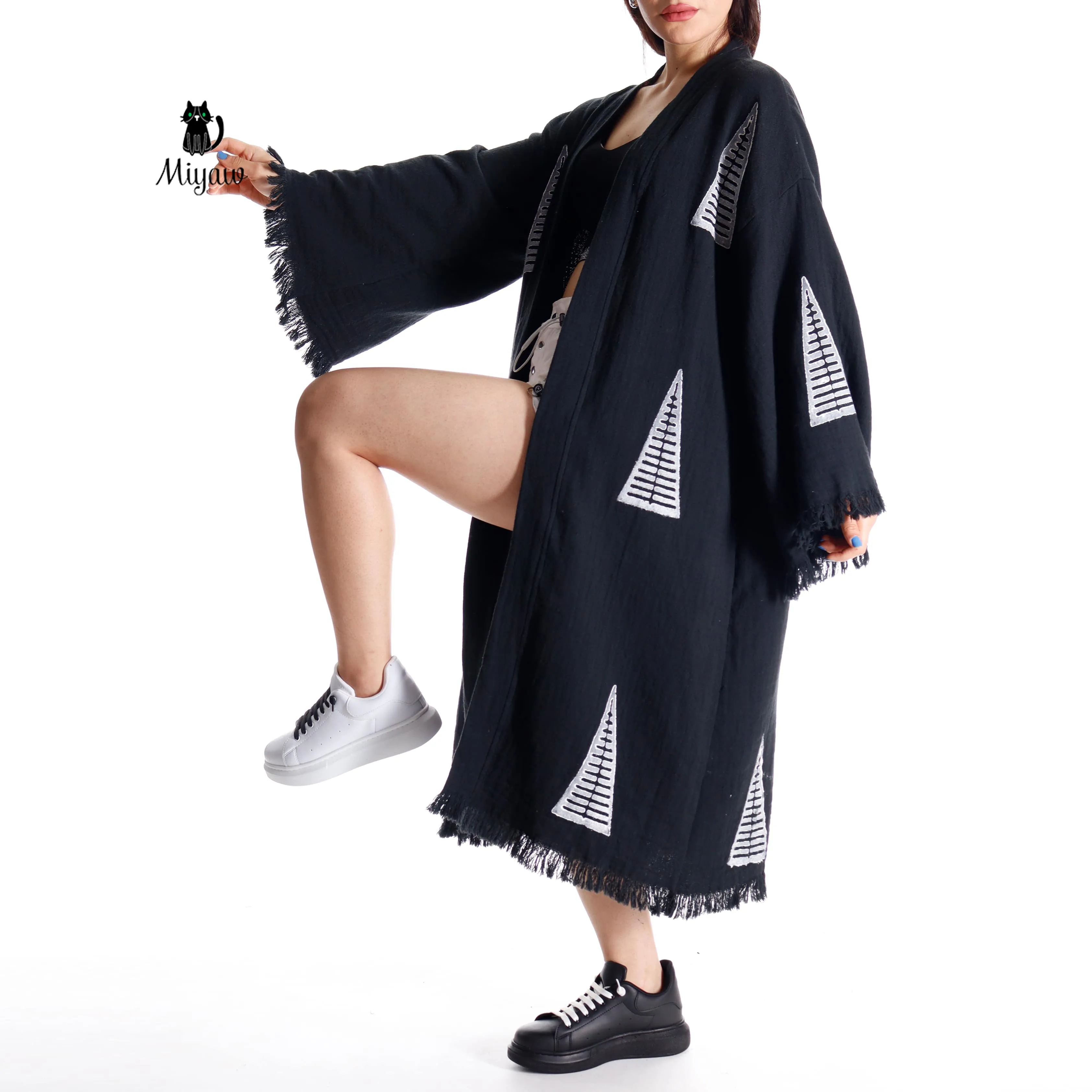 Boho Chic Black White Pyramid Stamped Cotton Kimono Robe sold by Miyaw Fashion