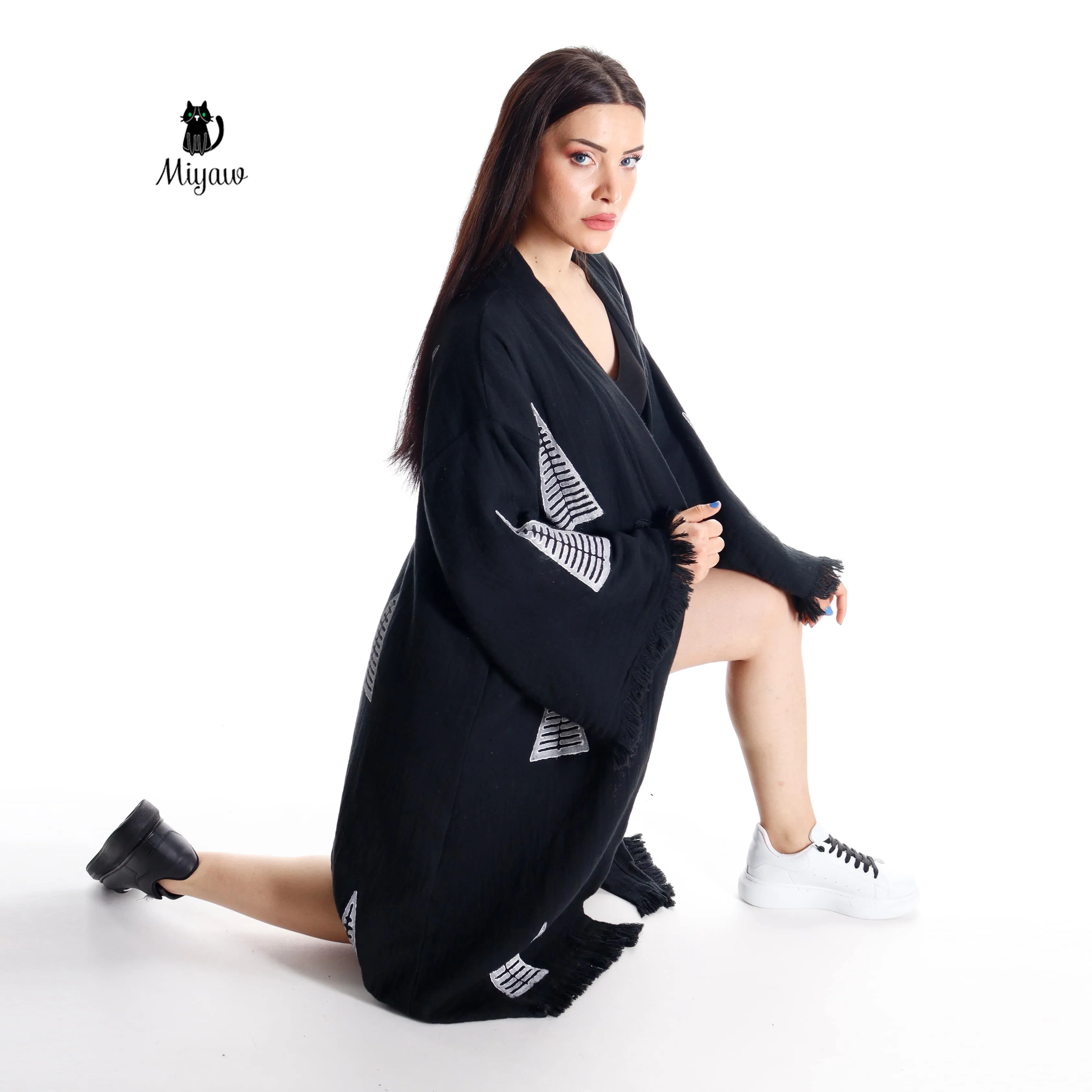 Boho Chic Black White Pyramid Stamped Cotton Kimono Robe sold by Miyaw Fashion product image thumbnail 4