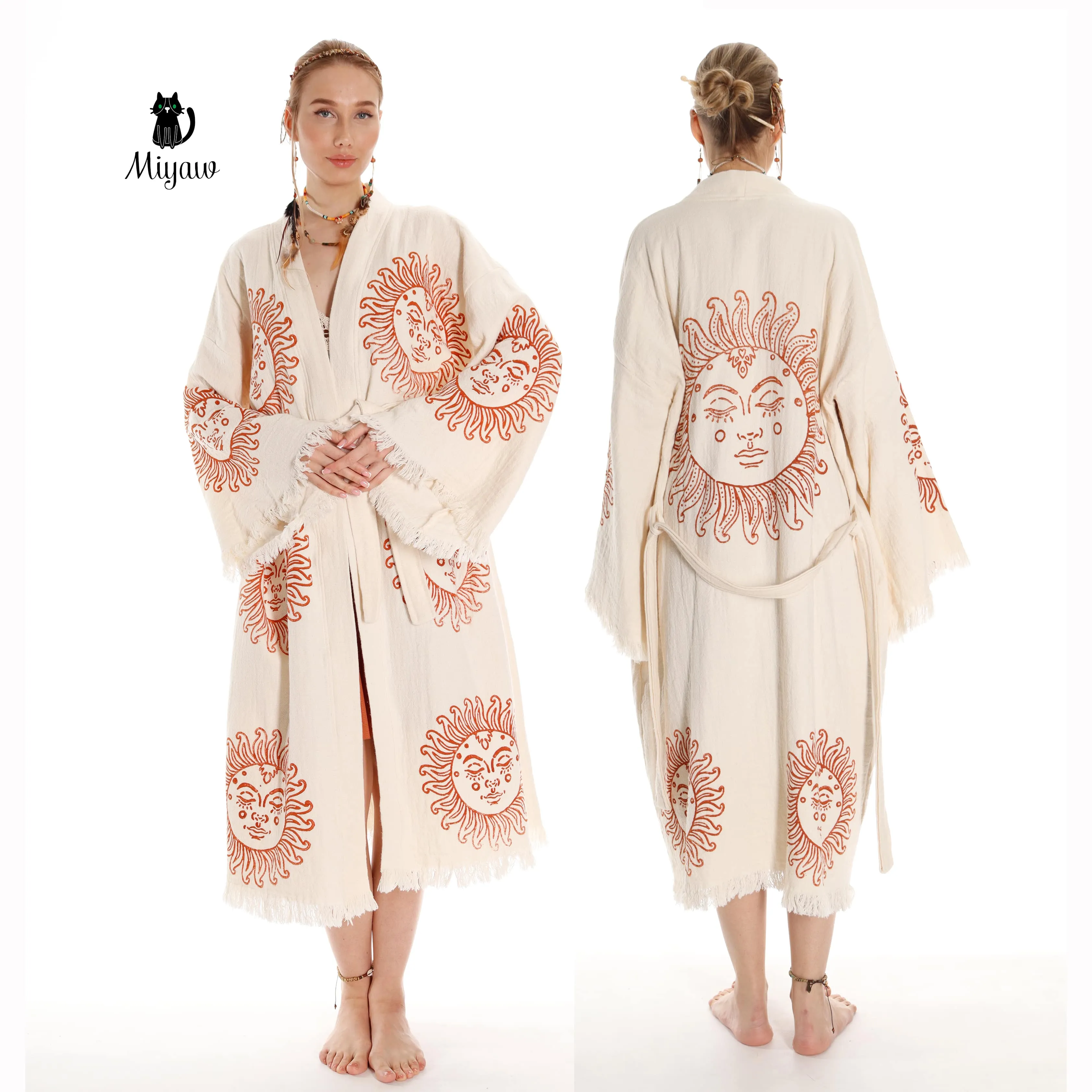 Unique Sun Stamped Robe: Eco-Friendly Organic Cotton Boho Kimono sold by Miyaw Fashion