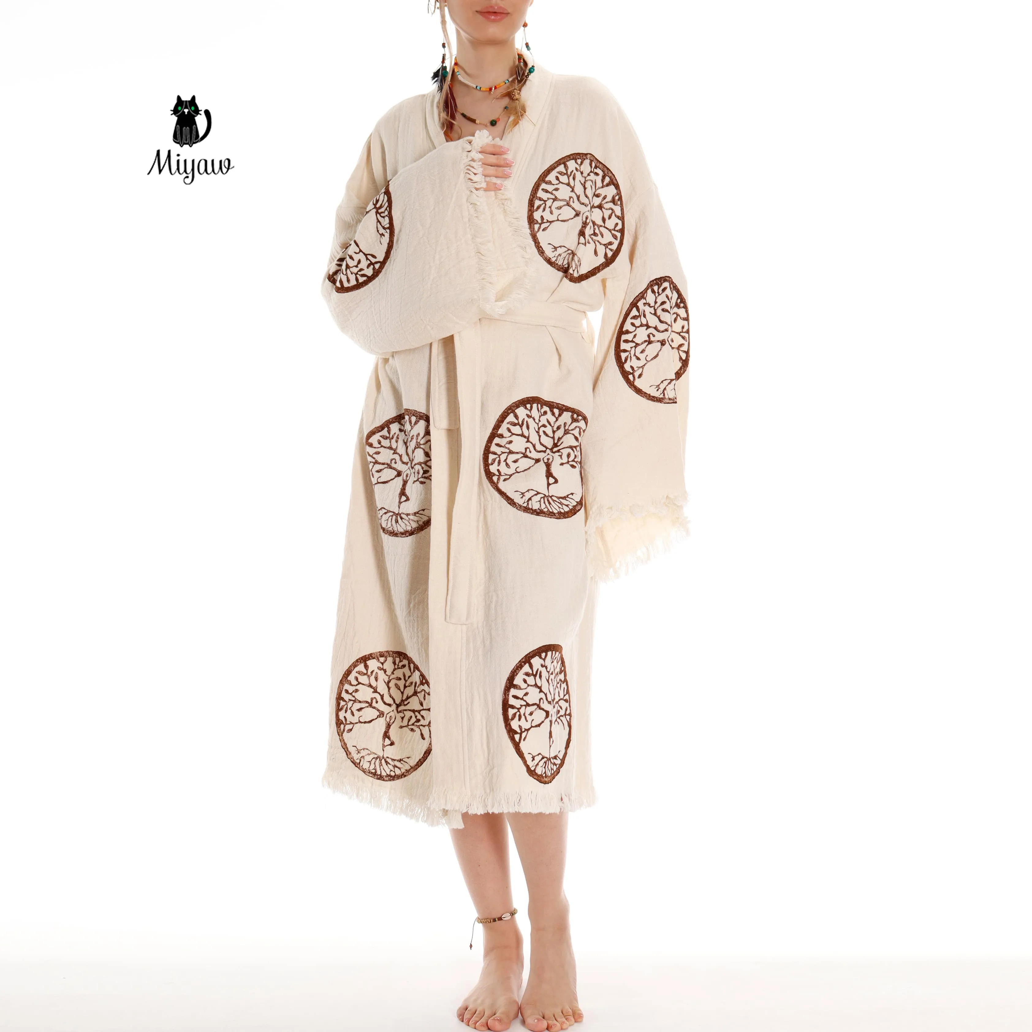 Brown Tree of Life Stamp Bathrobe - Boho Handcrafted Beach Kimono sold by Miyaw Fashion product image thumbnail 5