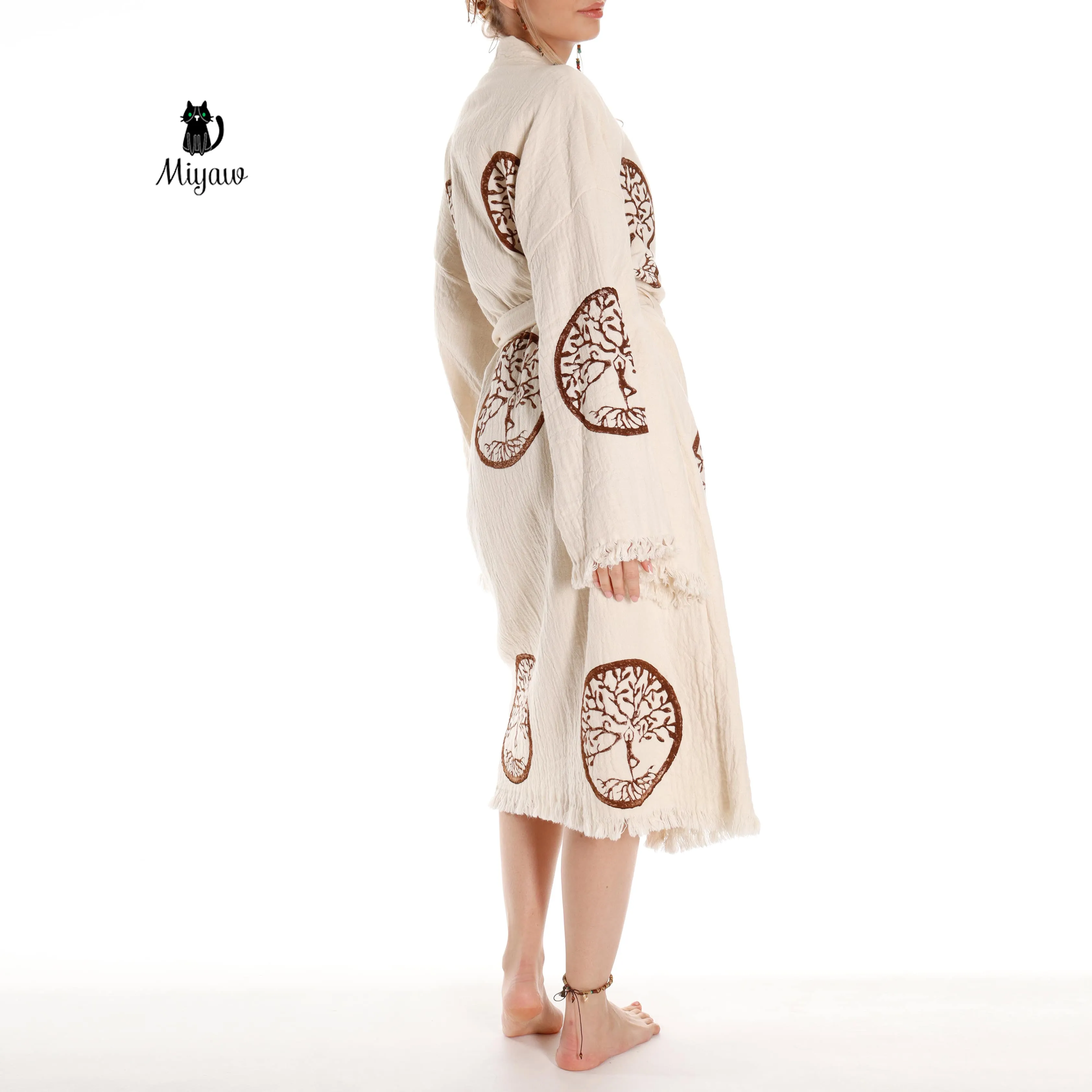 Brown Tree of Life Stamp Bathrobe - Boho Handcrafted Beach Kimono sold by Miyaw Fashion product image thumbnail 3