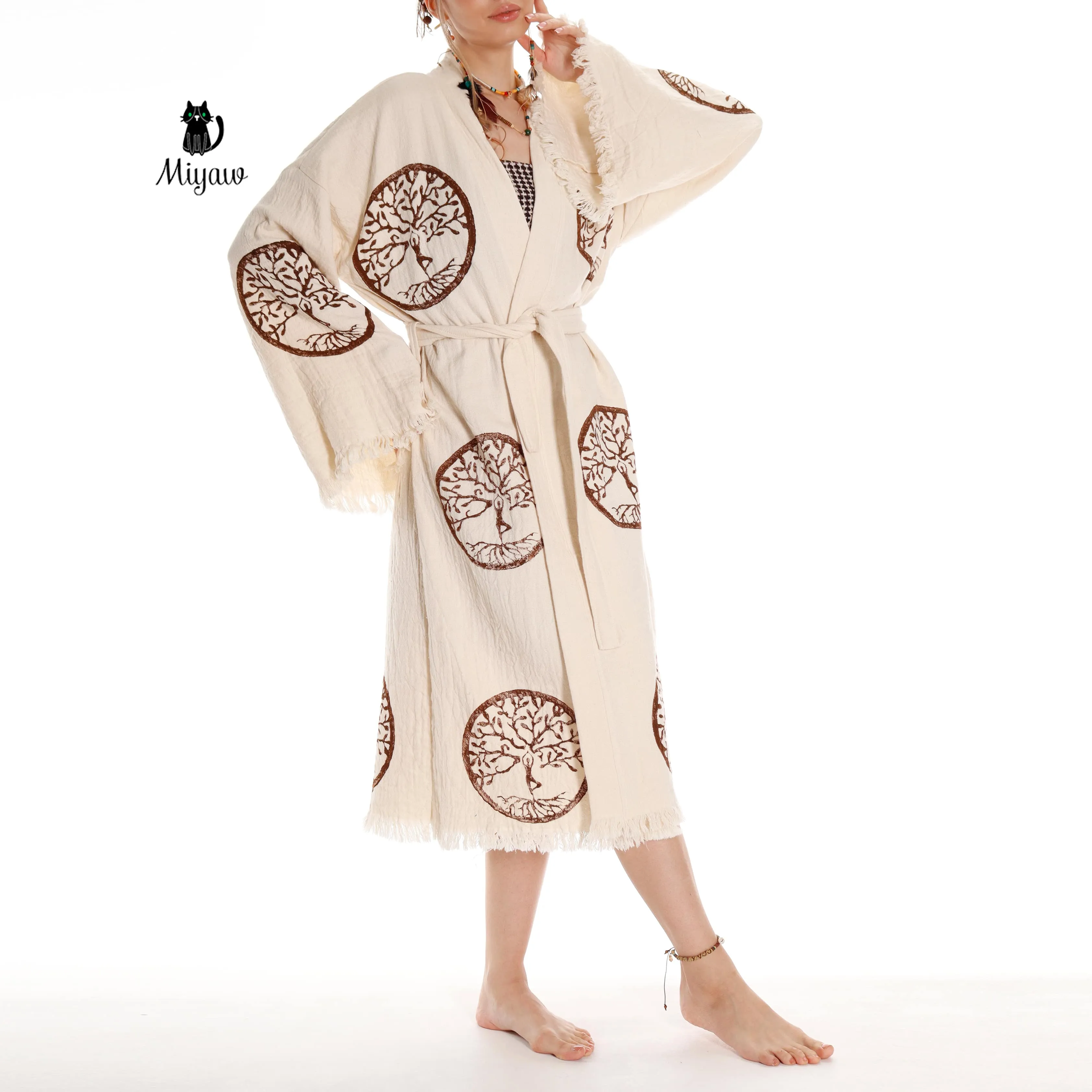 Brown Tree of Life Stamp Bathrobe - Boho Handcrafted Beach Kimono sold by Miyaw Fashion