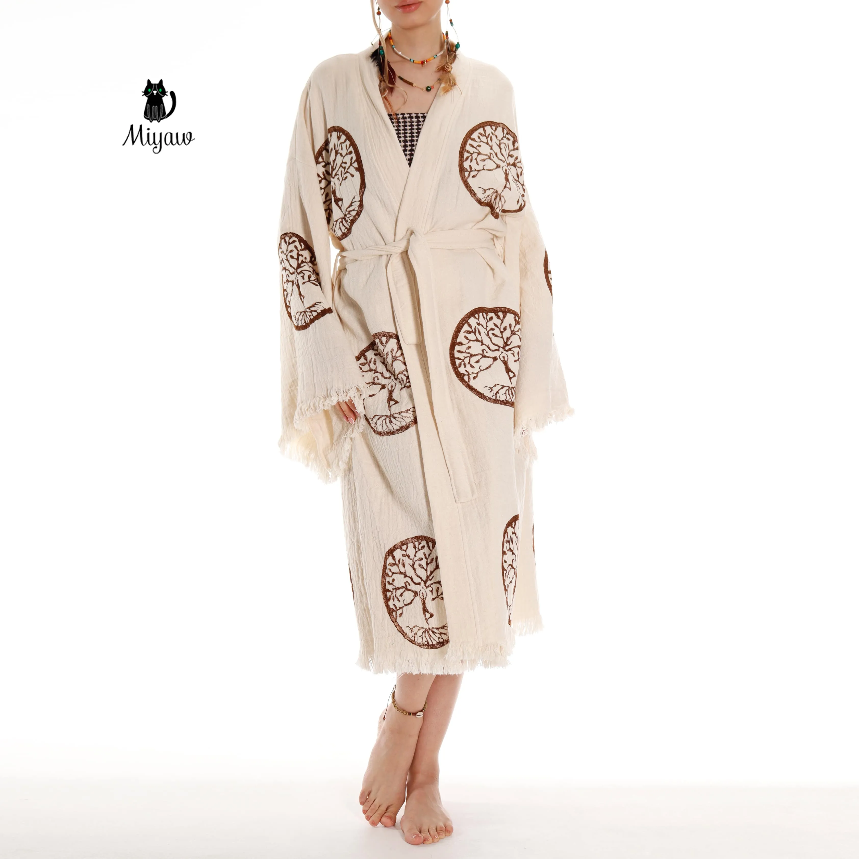 Brown Tree of Life Stamp Bathrobe - Boho Handcrafted Beach Kimono sold by Miyaw Fashion product image thumbnail 4