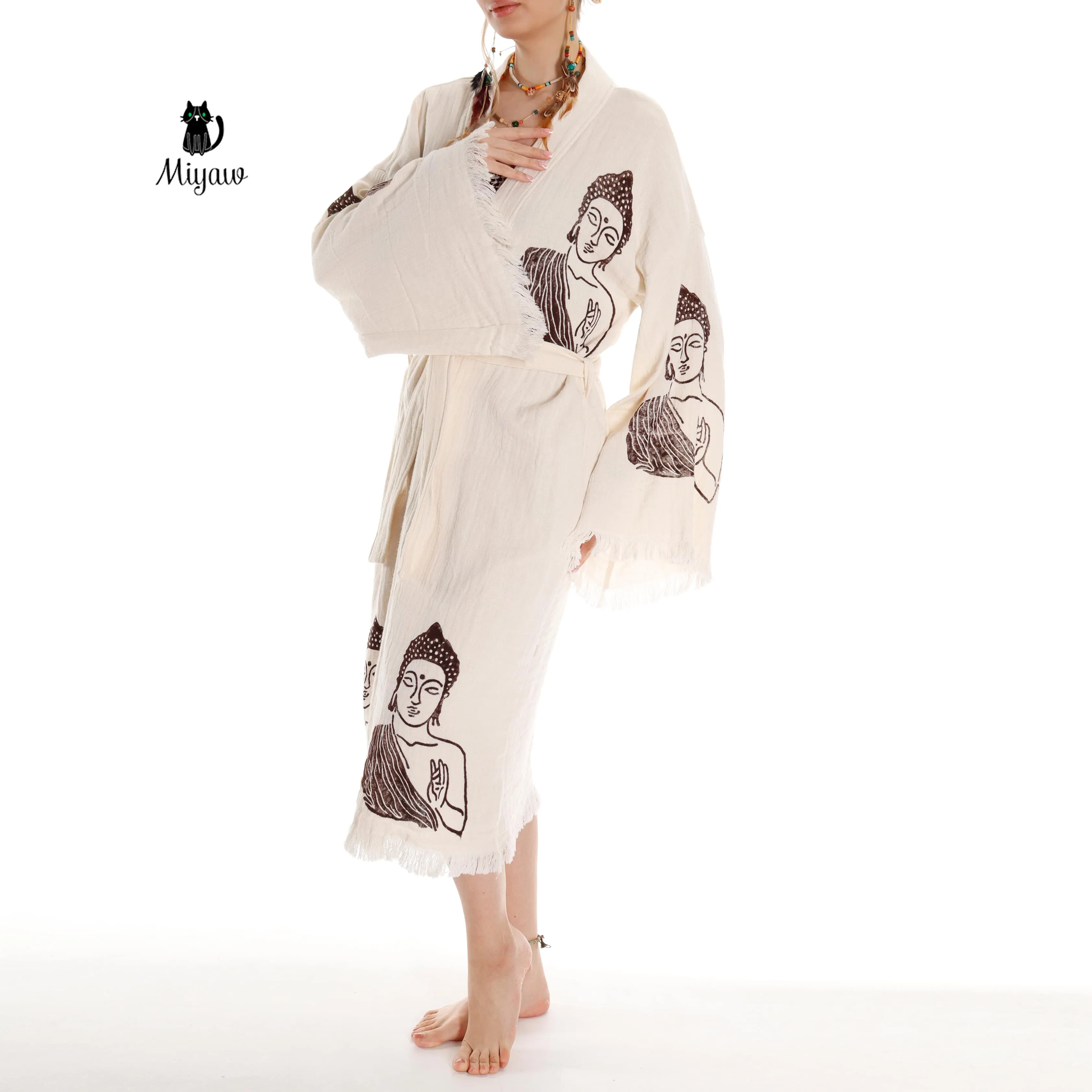 Unique Boho Kimono Robe with Handcrafted Buddha Stamps, Beach Cover Up sold by Miyaw Fashion