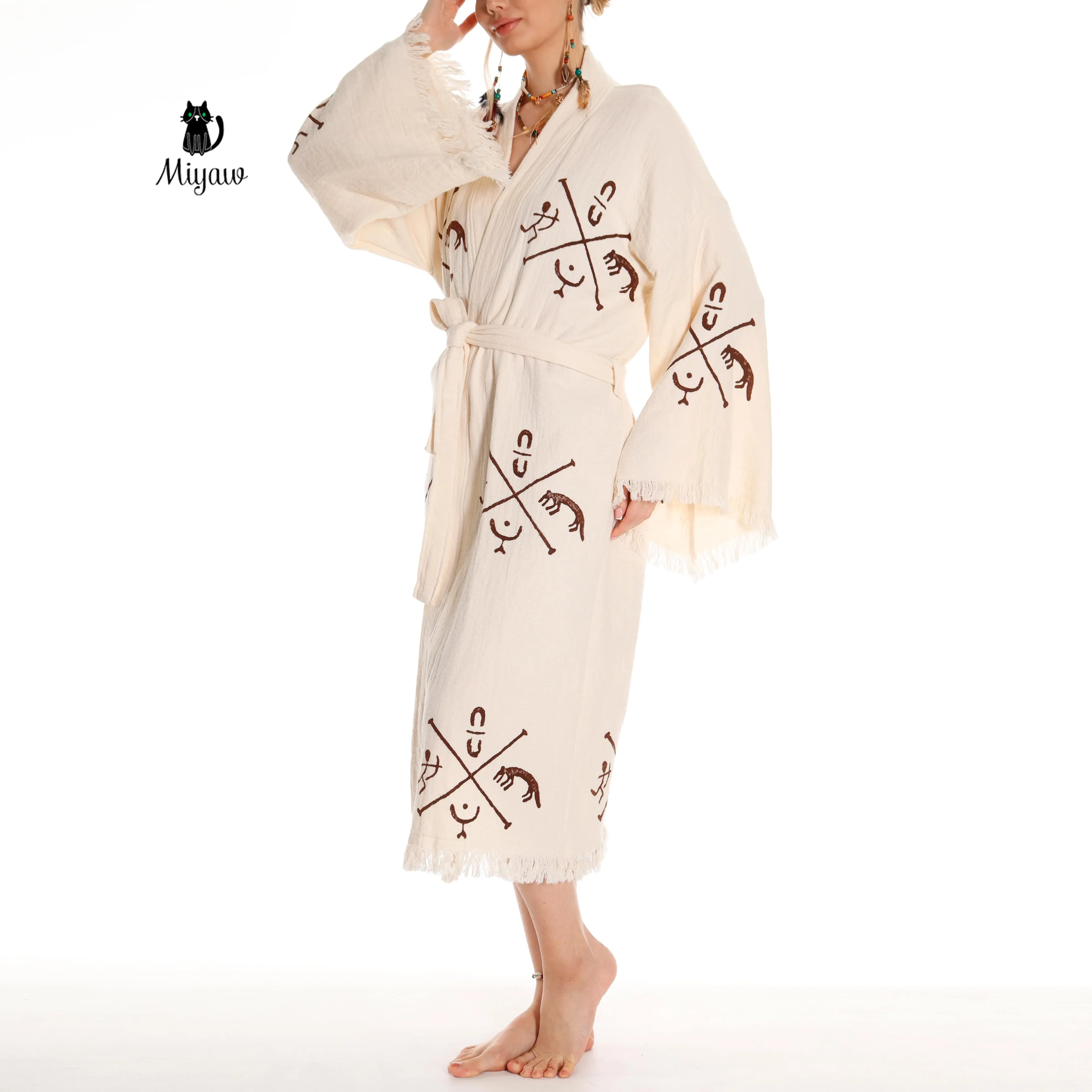 Boho Handcrafted Aztec-stamped Beach Kimono - Long Sleeve Bathrobe for Bohemian Lovers sold by Miyaw Fashion product image thumbnail 5