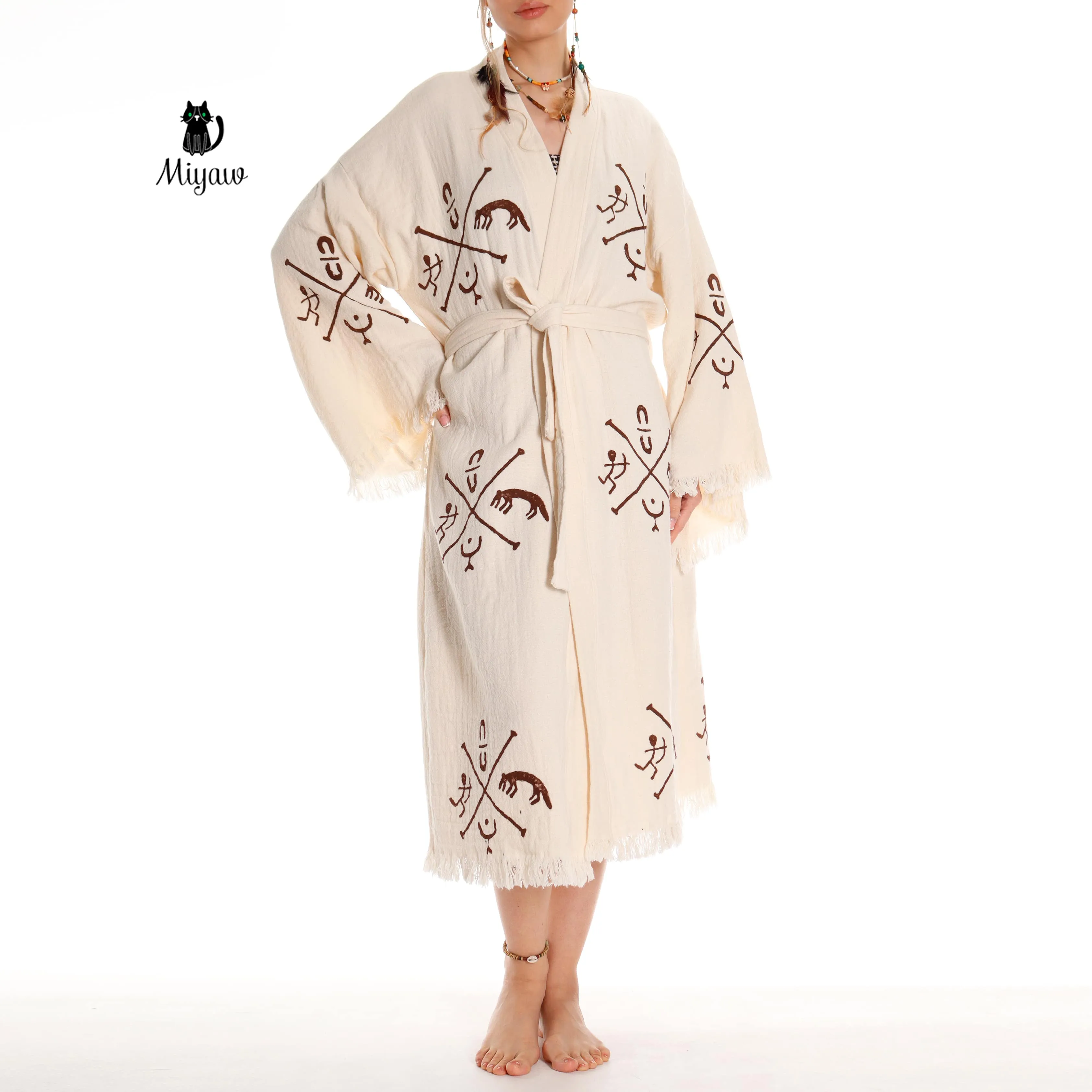 Boho Handcrafted Aztec-stamped Beach Kimono - Long Sleeve Bathrobe for Bohemian Lovers sold by Miyaw Fashion product image thumbnail 2