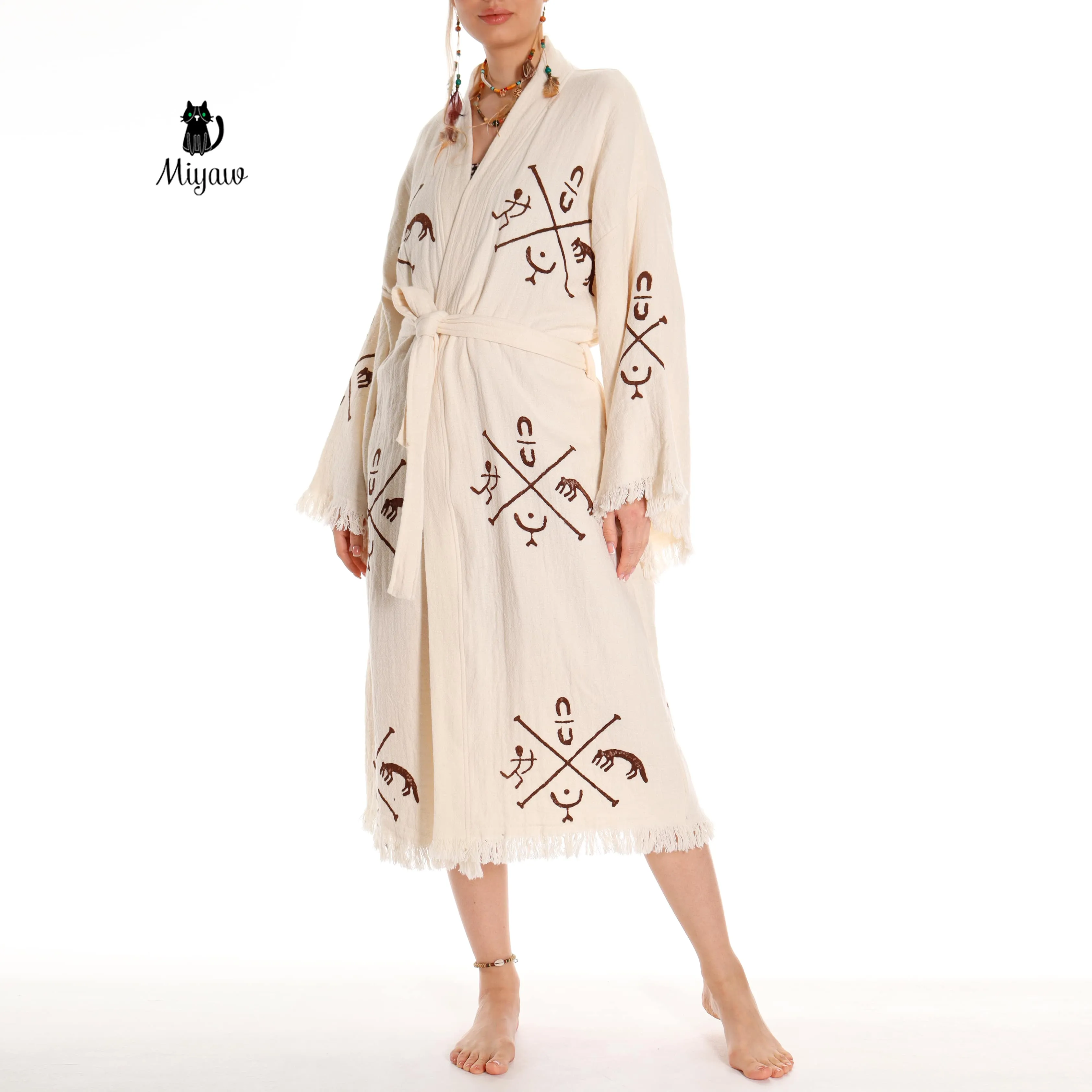Boho Handcrafted Aztec-stamped Beach Kimono - Long Sleeve Bathrobe for Bohemian Lovers sold by Miyaw Fashion product image thumbnail 3