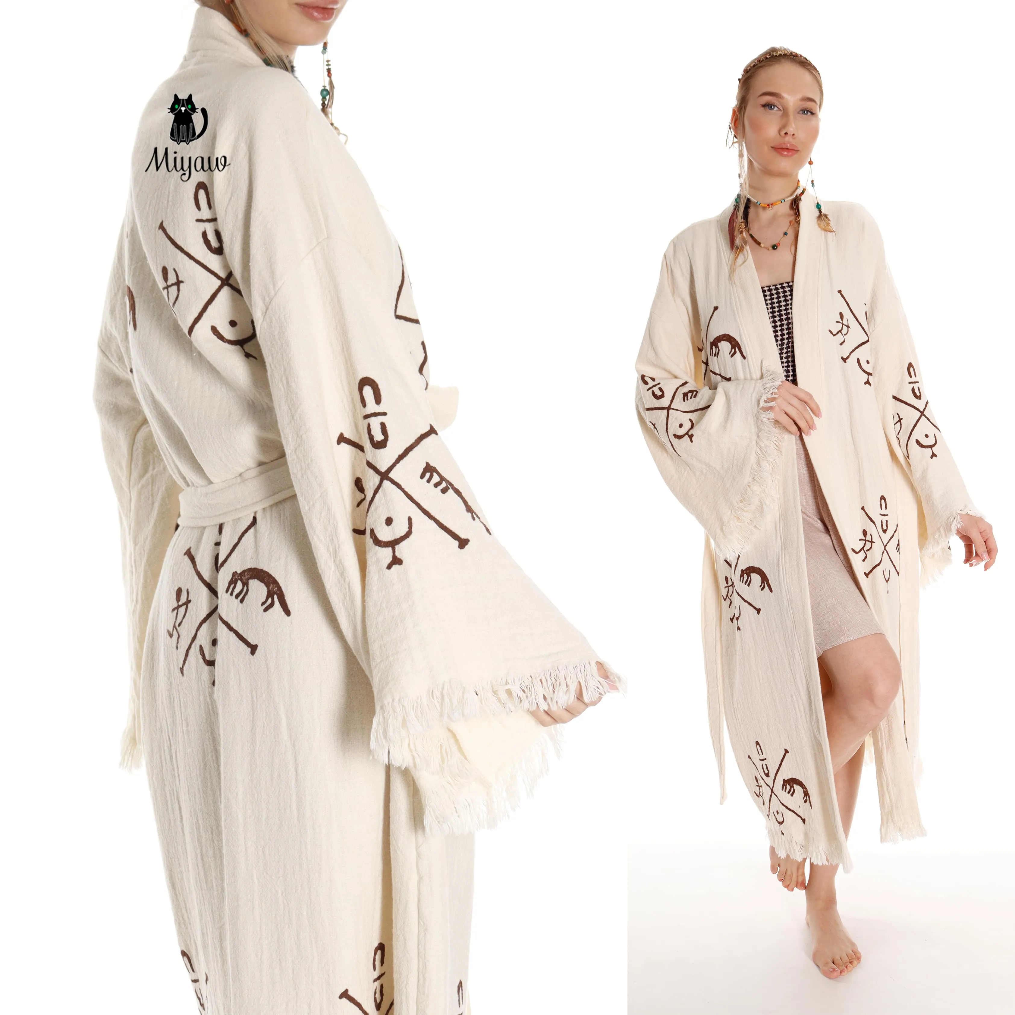 Boho Handcrafted Aztec-stamped Beach Kimono - Long Sleeve Bathrobe for Bohemian Lovers sold by Miyaw Fashion