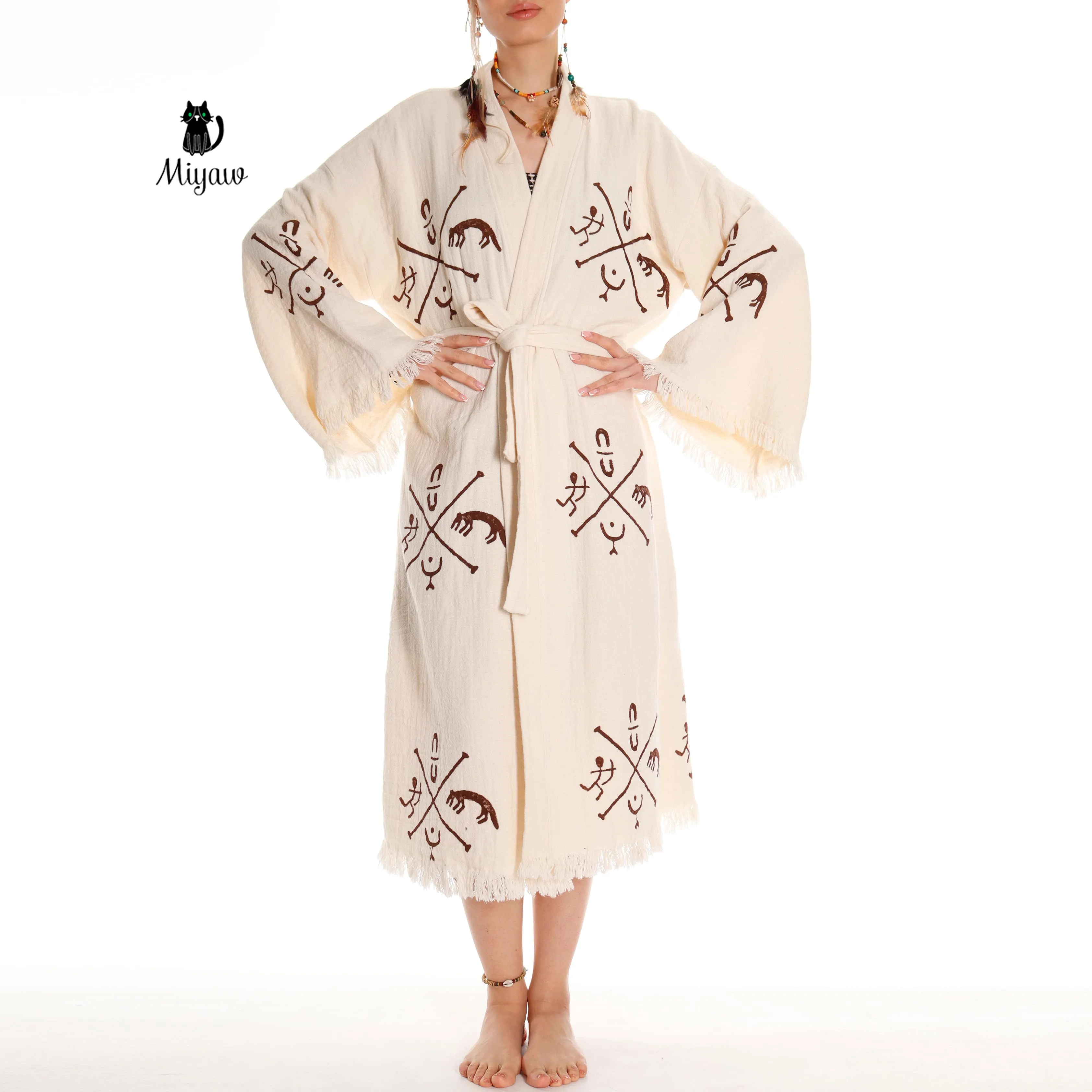 Boho Handcrafted Aztec-stamped Beach Kimono - Long Sleeve Bathrobe for Bohemian Lovers sold by Miyaw Fashion product image thumbnail 4