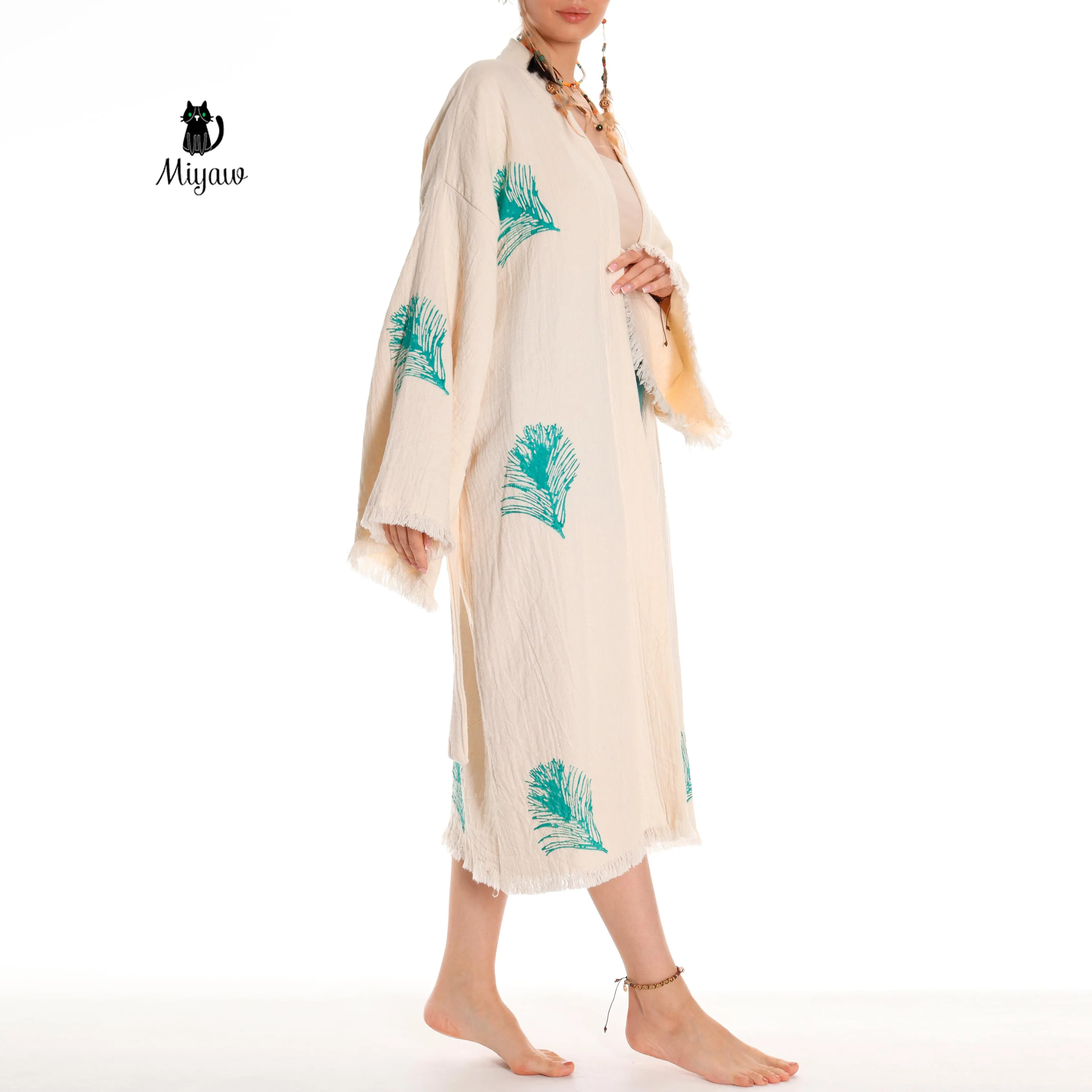 Organic Cotton Boho Kimono Bathrobe | Handstamped Feather Design sold by Miyaw Fashion product image thumbnail 5