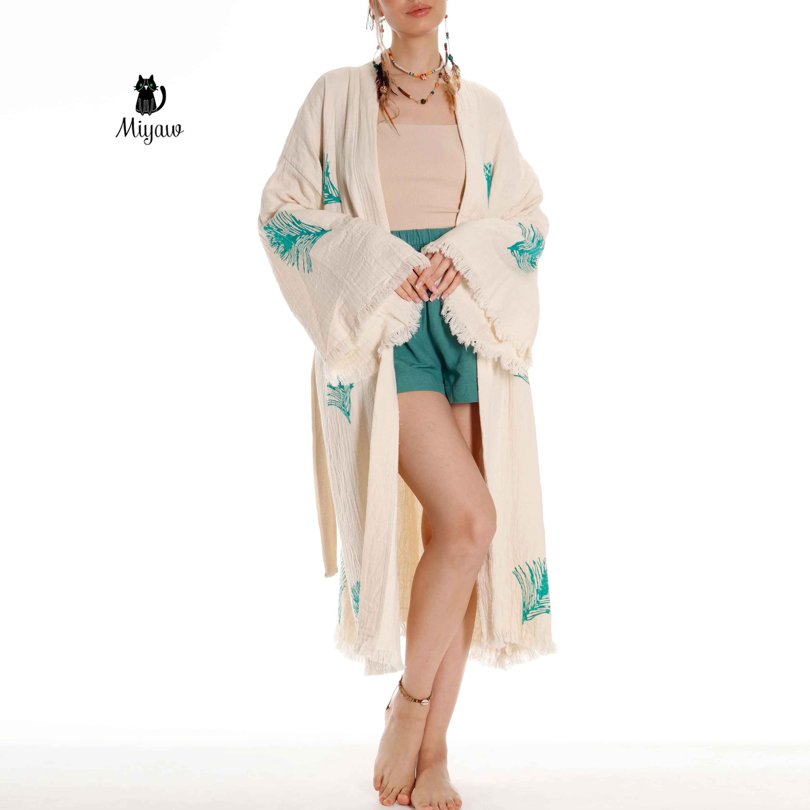 Organic Cotton Boho Kimono Bathrobe | Handstamped Feather Design sold by Miyaw Fashion product image thumbnail 3