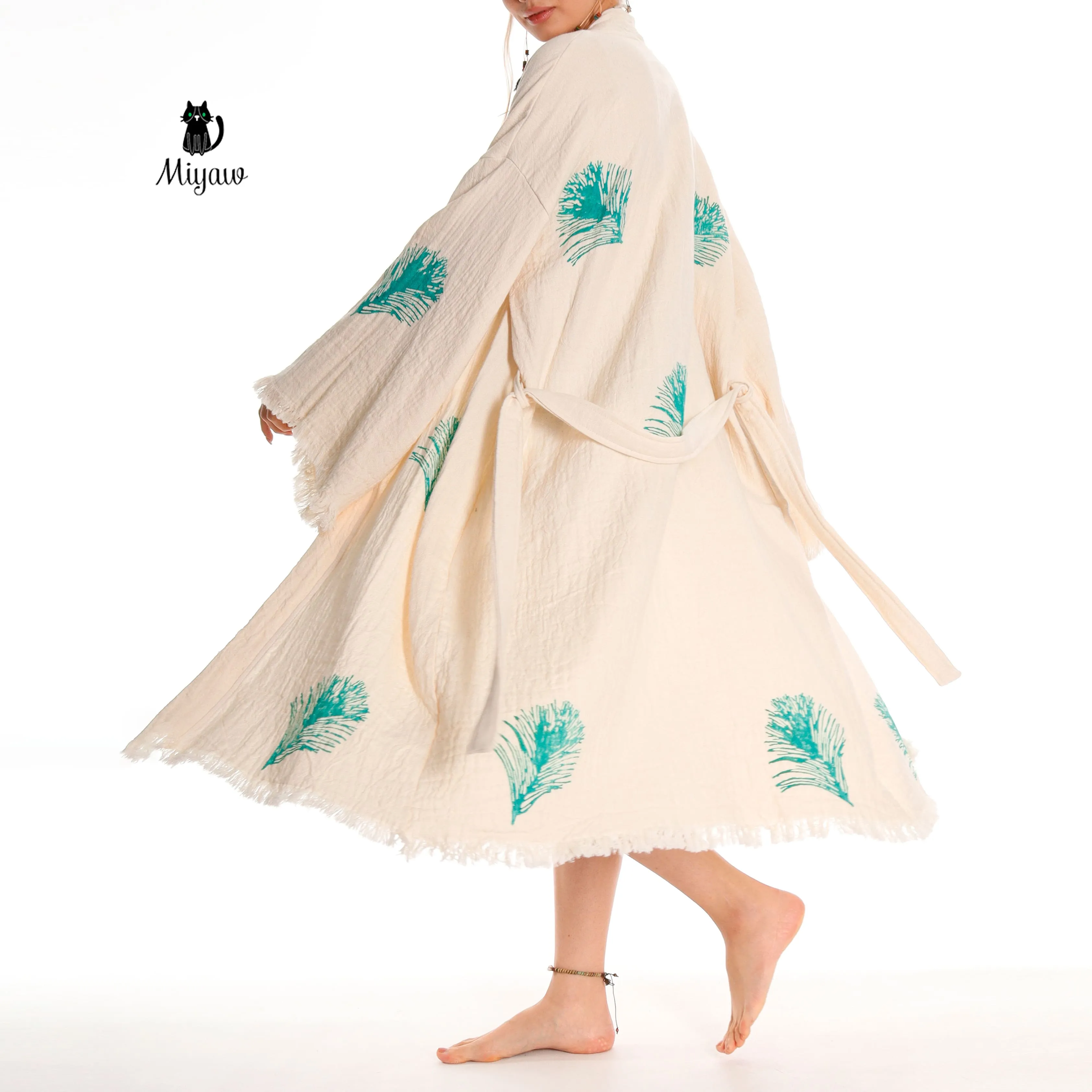 Organic Cotton Boho Kimono Bathrobe | Handstamped Feather Design sold by Miyaw Fashion