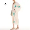 Organic Cotton Boho Kimono Bathrobe | Handstamped Feather Design sold by Miyaw Fashion