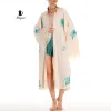 Organic Cotton Boho Kimono Bathrobe | Handstamped Feather Design sold by Miyaw Fashion