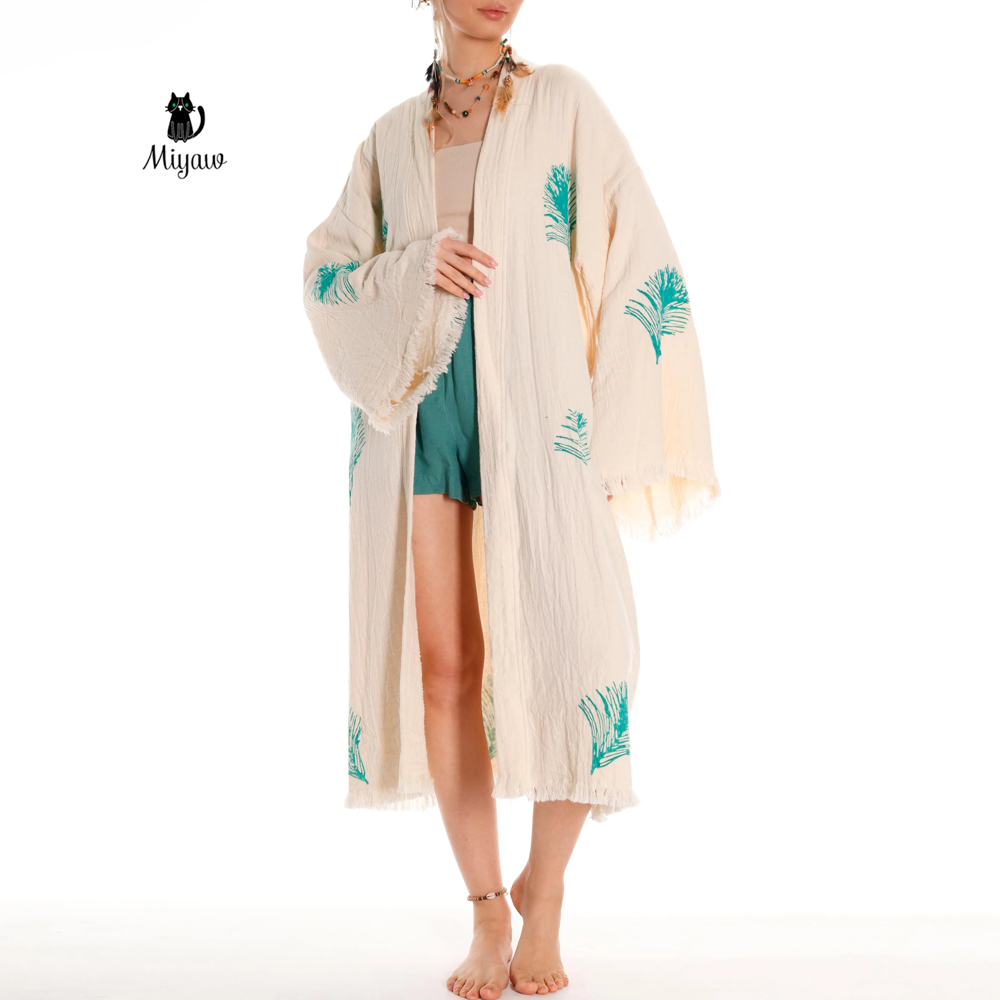 Organic Cotton Boho Kimono Bathrobe | Handstamped Feather Design sold by Miyaw Fashion product image thumbnail 4
