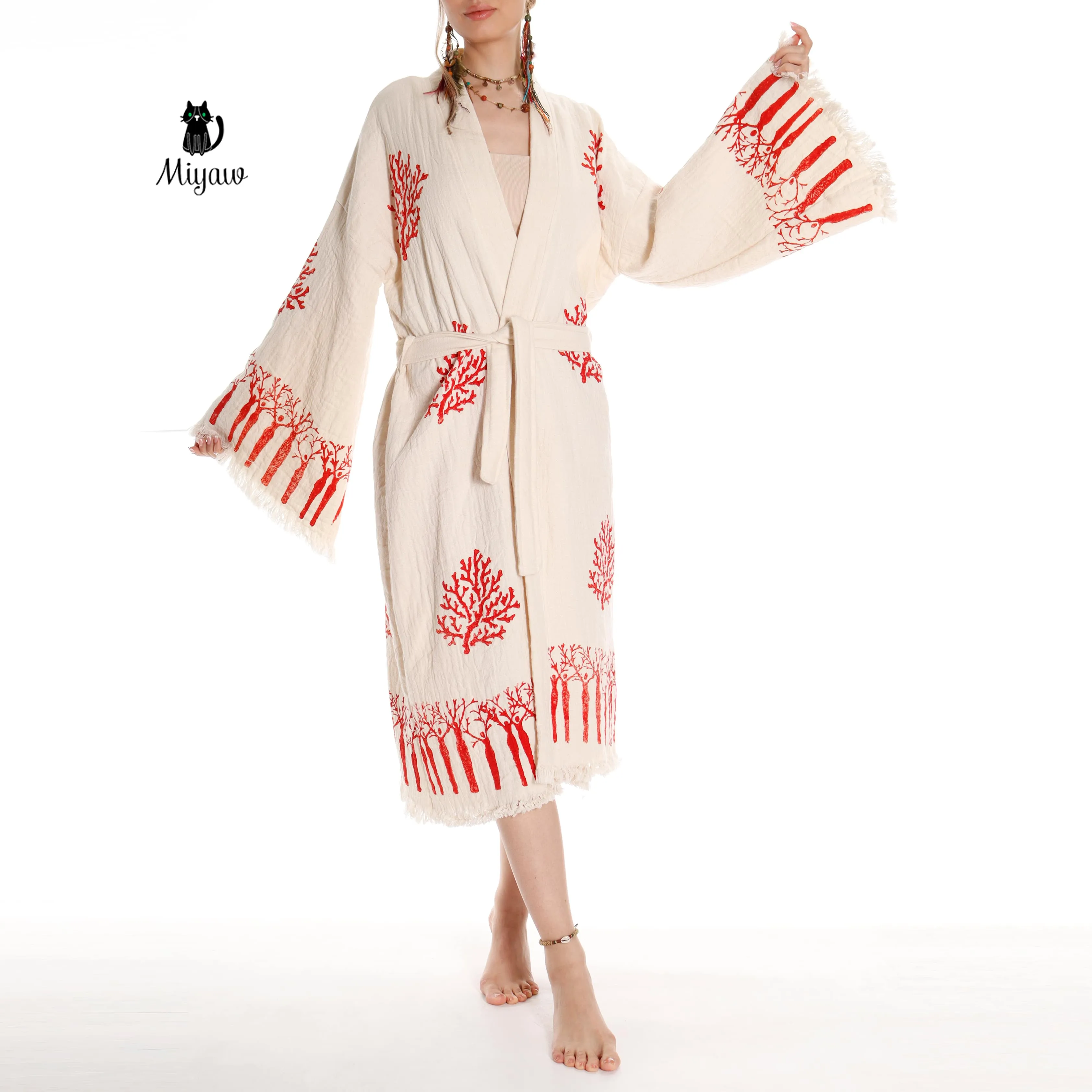 Boho Handmade Tree & Coral Stamped Bathrobe - Unique Handcrafted sold by Miyaw Fashion product image thumbnail 3