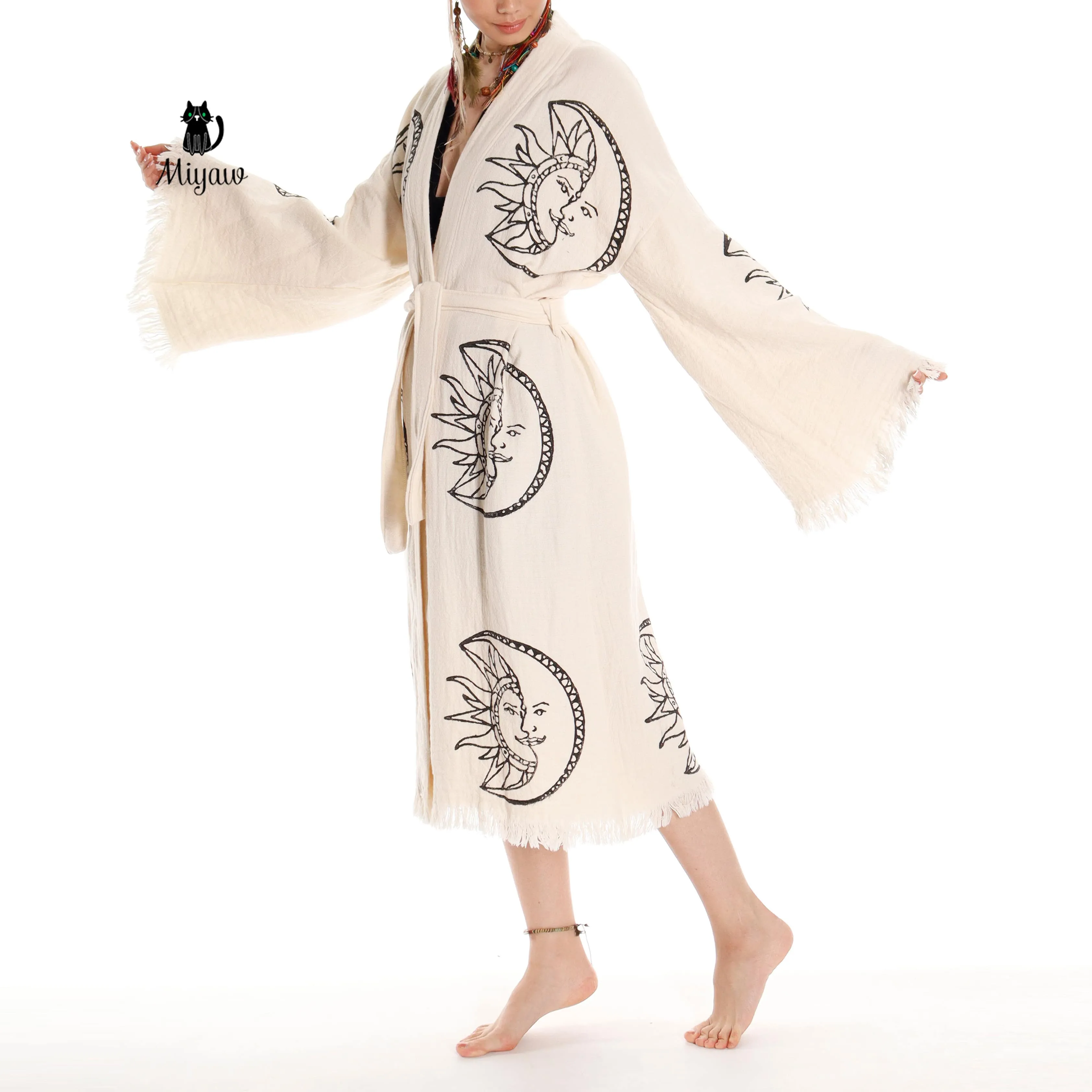 Boho Moon and Sun Print Organic Cotton Kimono Robe for Beach Days sold by Miyaw Fashion product image thumbnail 4