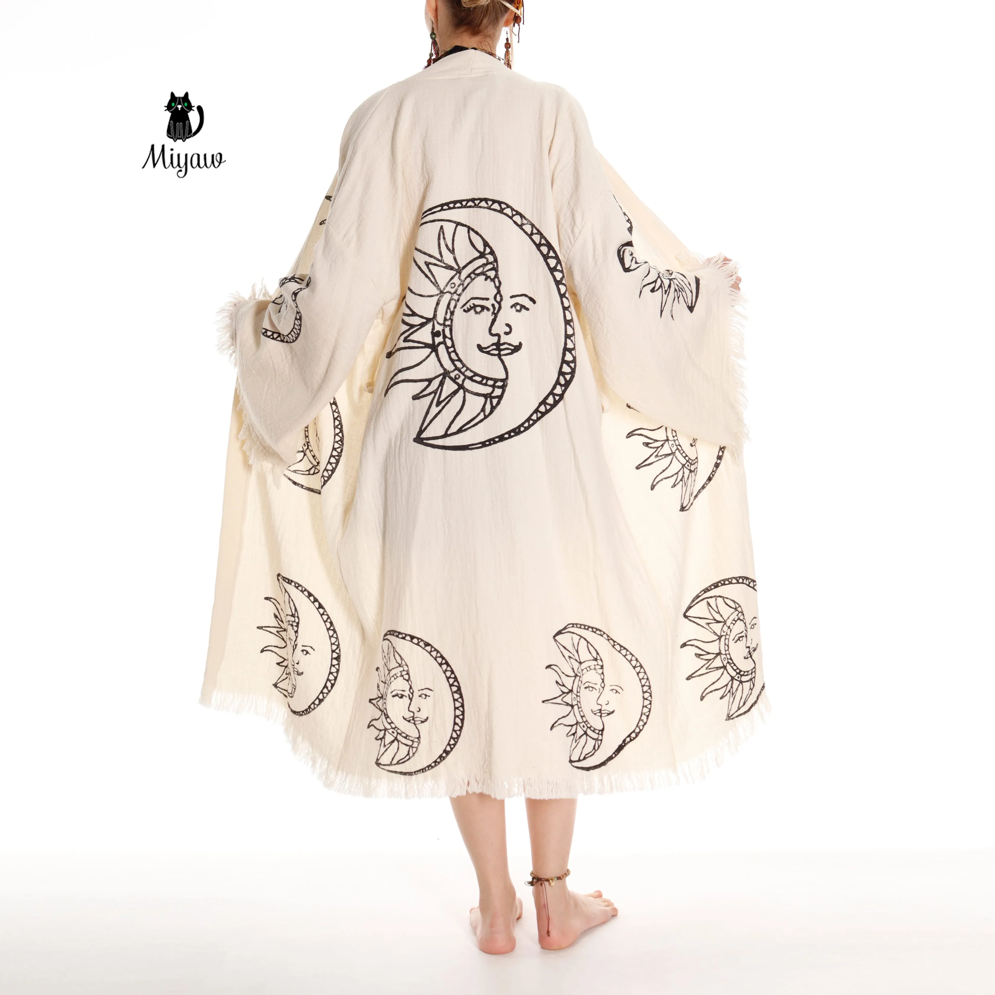 Boho Moon and Sun Print Organic Cotton Kimono Robe for Beach Days sold by Miyaw Fashion