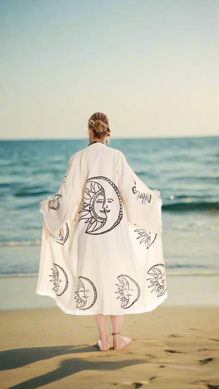 Boho Moon and Sun Print Organic Cotton Kimono Robe for Beach Days sold by Miyaw Fashion product image thumbnail 2