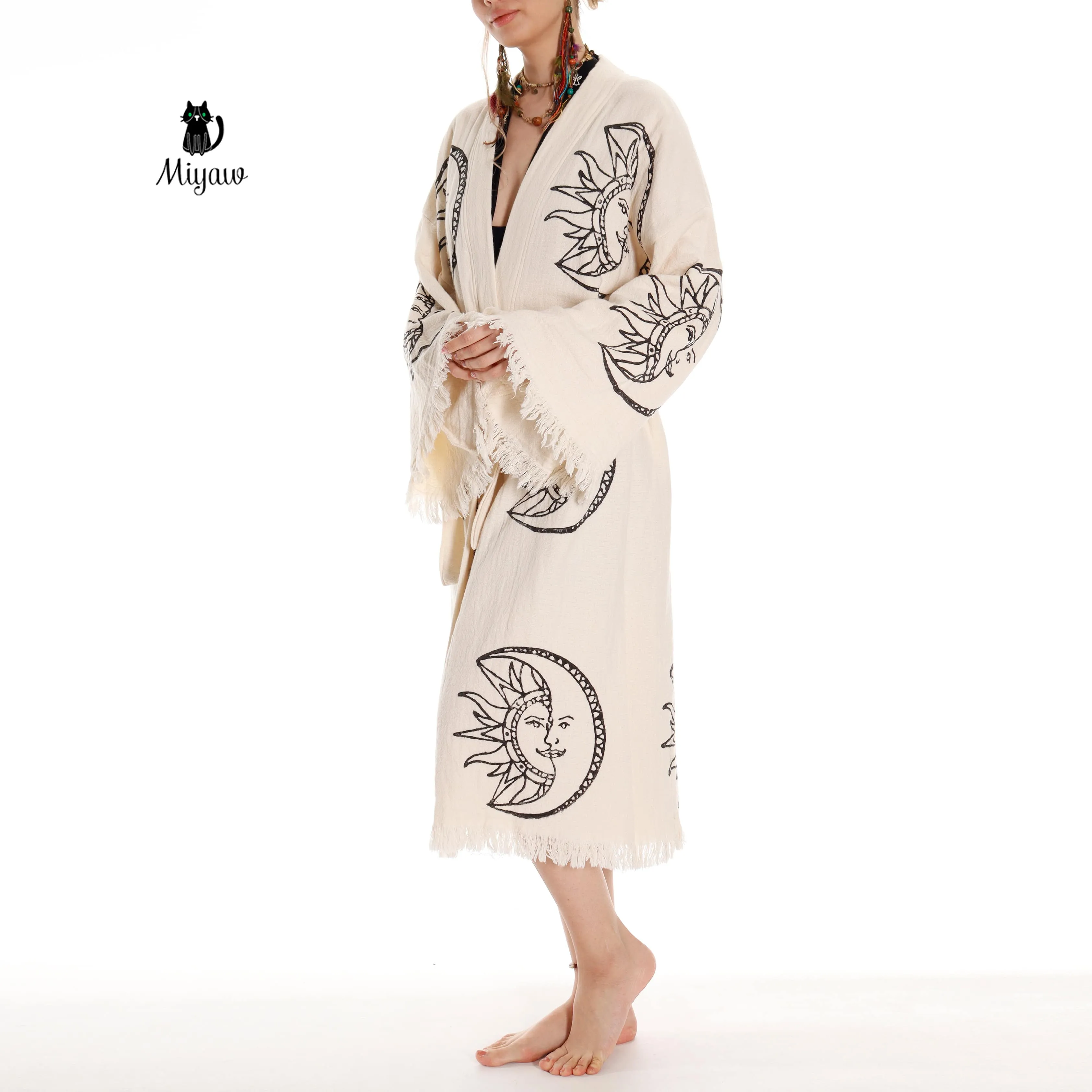 Boho Moon and Sun Print Organic Cotton Kimono Robe for Beach Days sold by Miyaw Fashion product image thumbnail 5