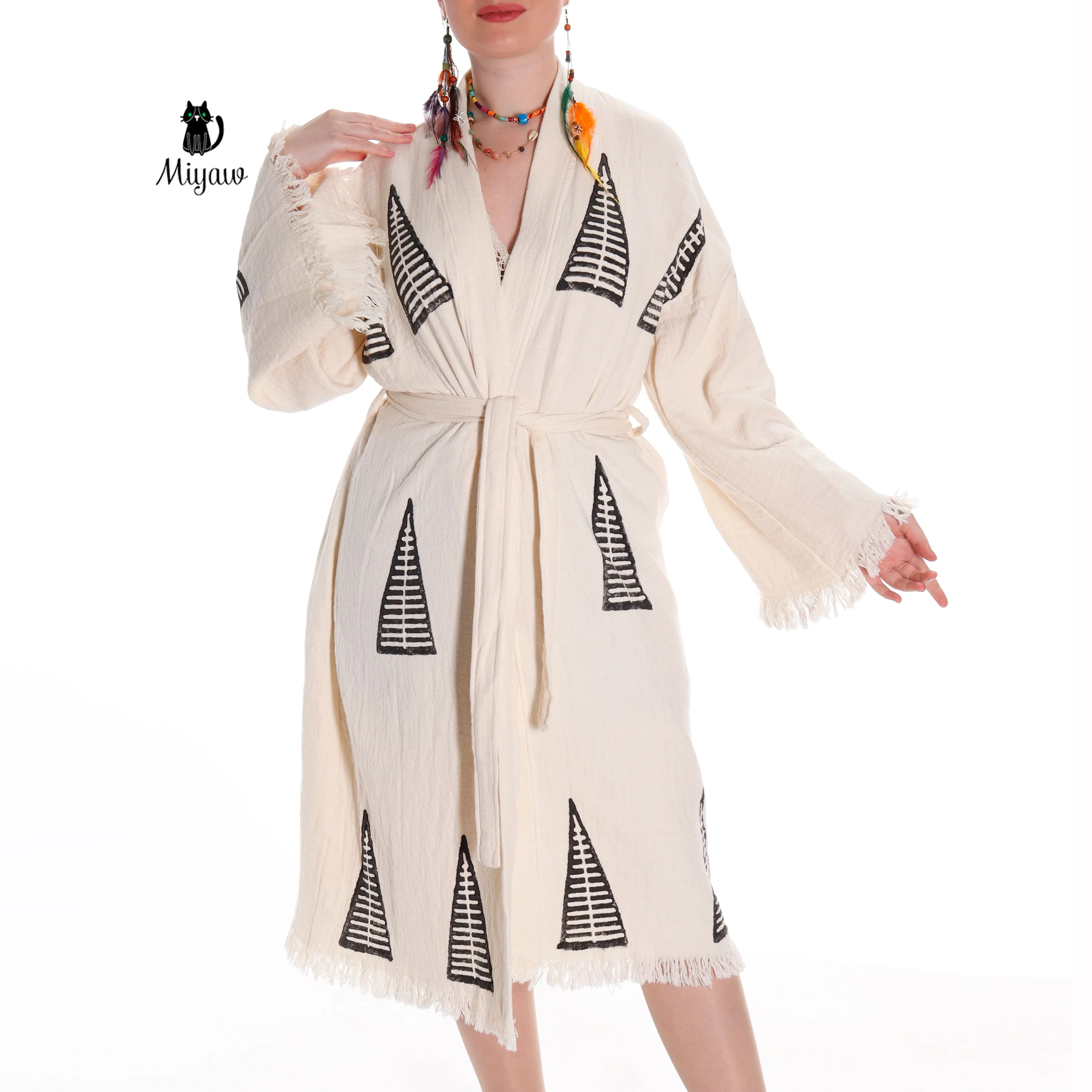 Handcrafted Organic Cotton Boho Beach Kimono Robe with Pyramid Stamp sold by Miyaw Fashion product image thumbnail 4