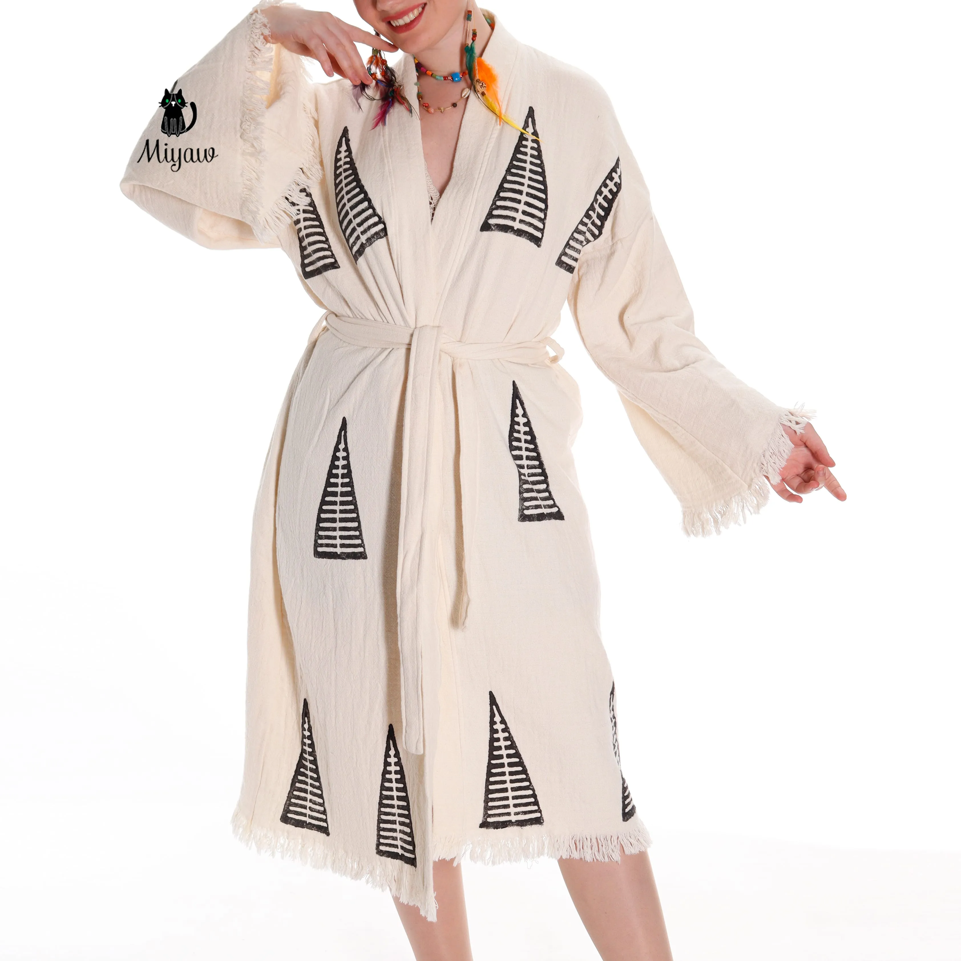 Handcrafted Organic Cotton Boho Beach Kimono Robe with Pyramid Stamp sold by Miyaw Fashion product image thumbnail 5