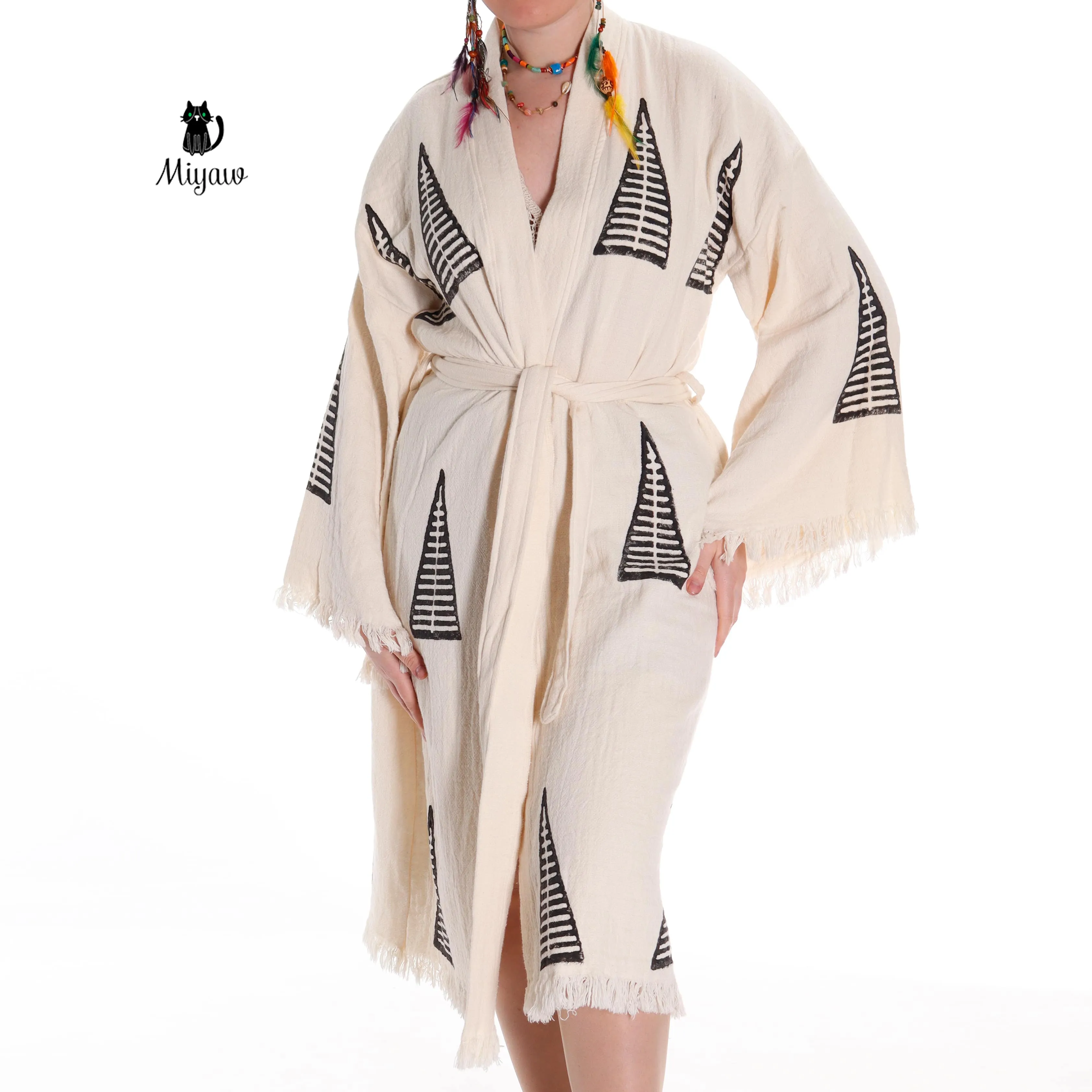 Handcrafted Organic Cotton Boho Beach Kimono Robe with Pyramid Stamp sold by Miyaw Fashion product image thumbnail 3